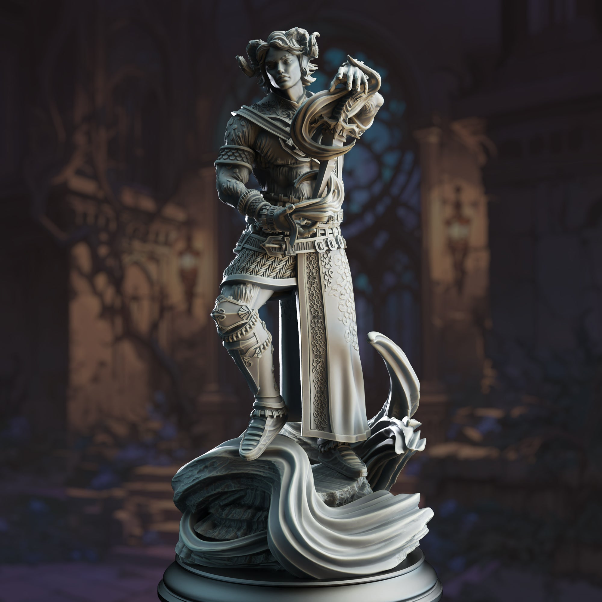 A detailed 3D model of a statue depicting a figure with horns and a flowing robe, standing on a pedestal and holding a shield.