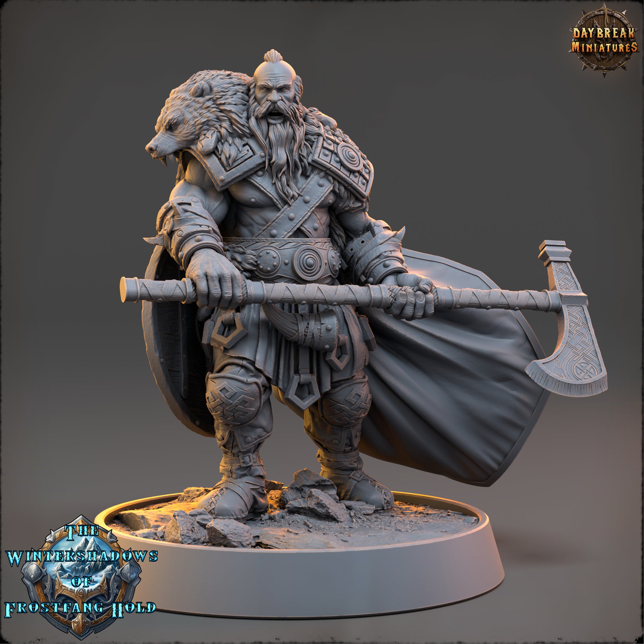 A detailed 3D model of a warrior figure, wearing a fur-trimmed helmet and holding a large weapon, standing on a platform.