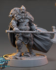 A detailed 3D model of a warrior figure, wearing a fur-trimmed helmet and holding a large weapon, standing on a platform.