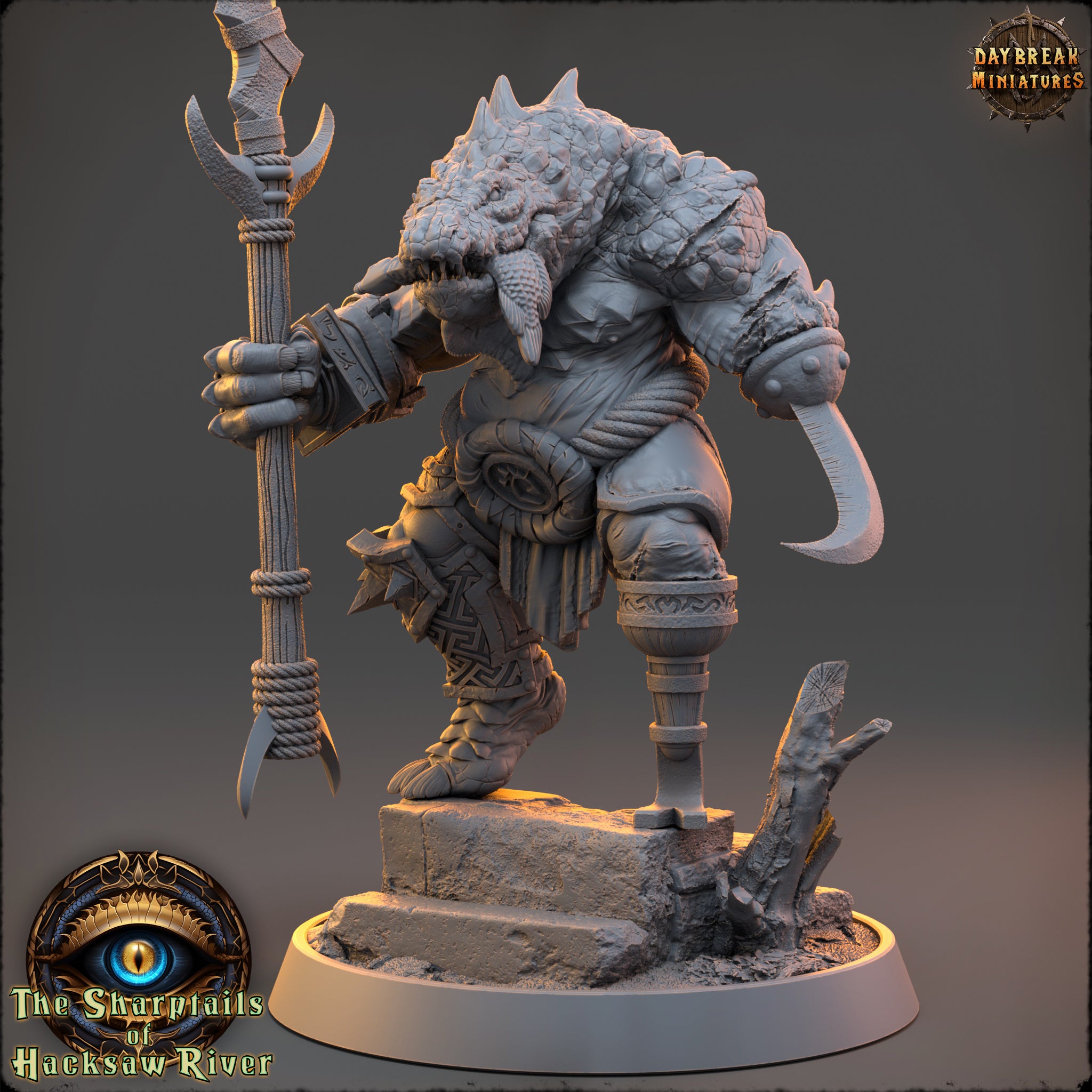 A detailed 3D model of a fierce-looking monster or dragon-like creature, holding a weapon and standing on a rocky platform.