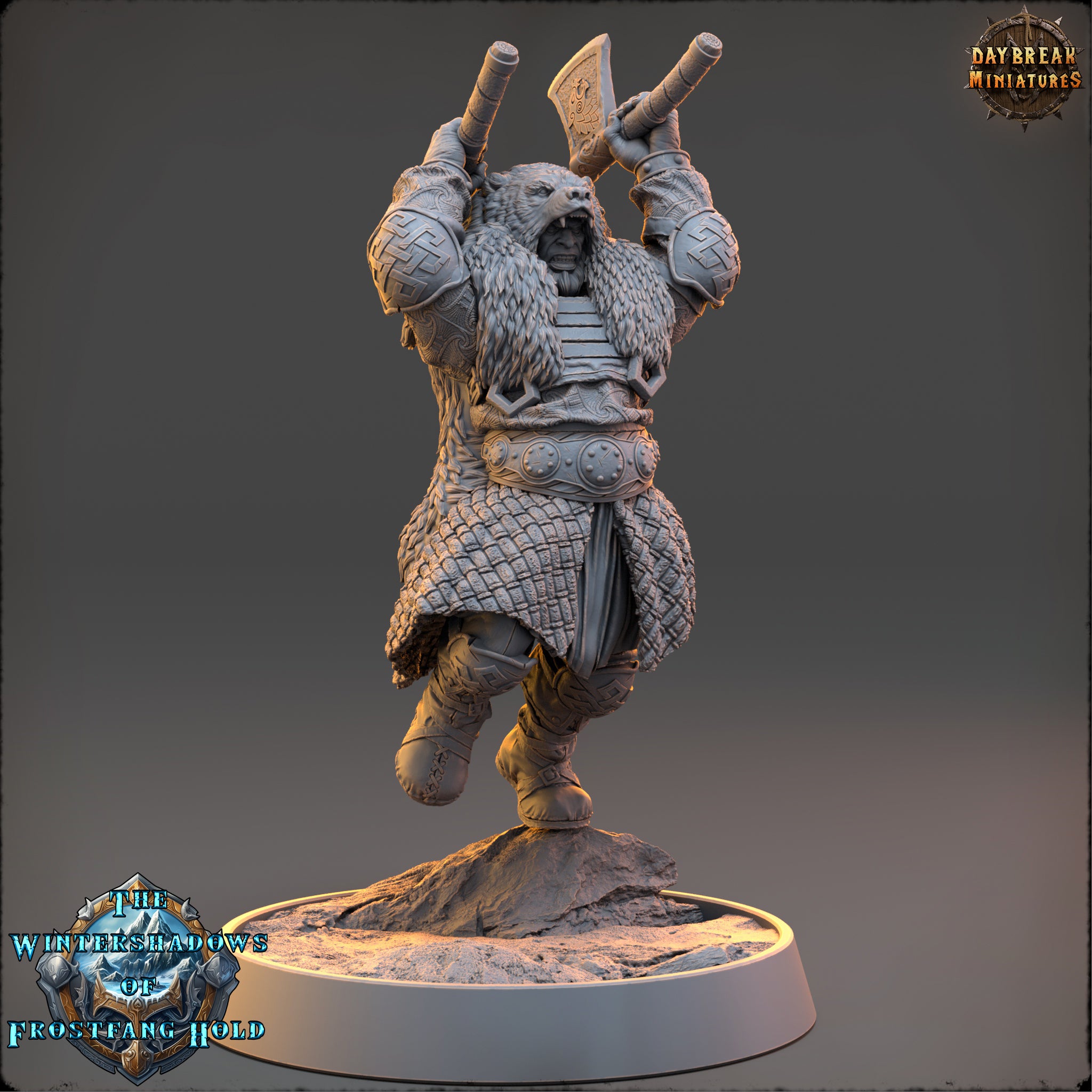 A 3D model of a warrior figure, wearing a fur-lined outfit and wielding a sword, standing on a platform.