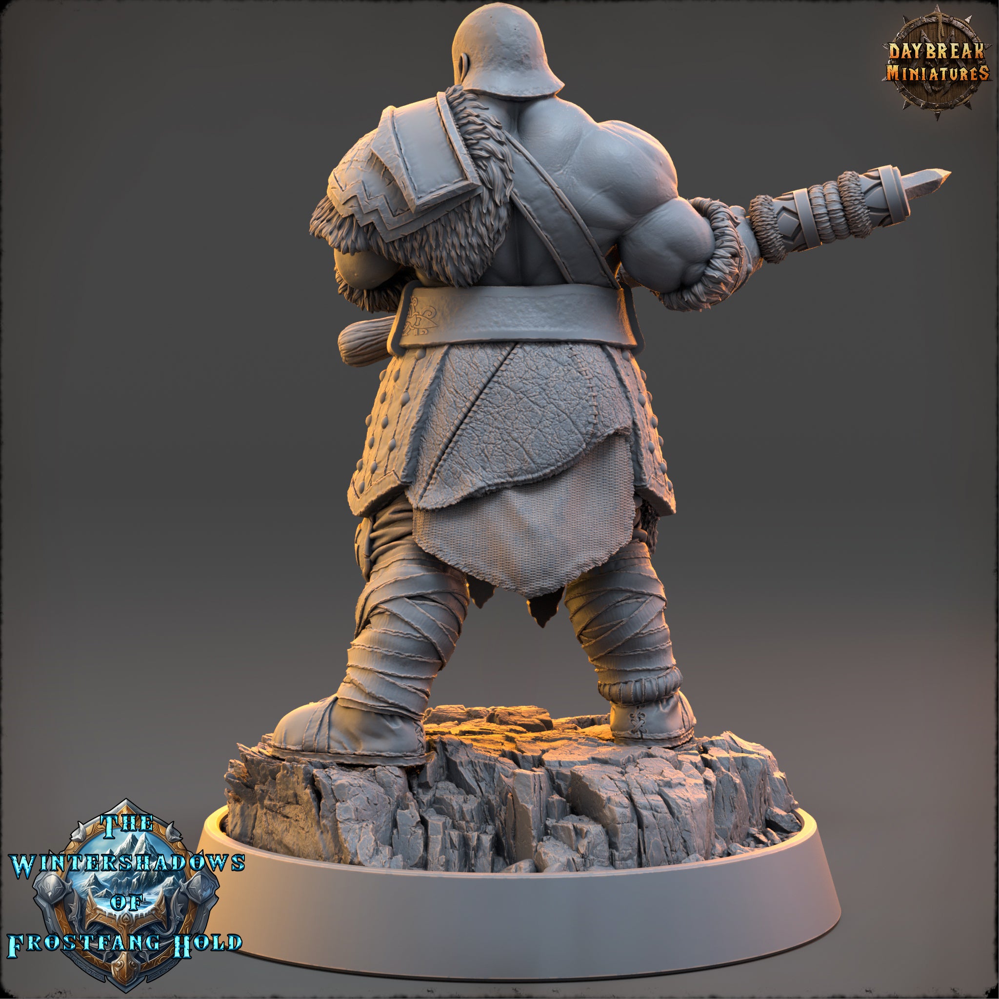 A 3D rendering of a muscular, armored figure holding a large weapon, standing on a rocky platform.