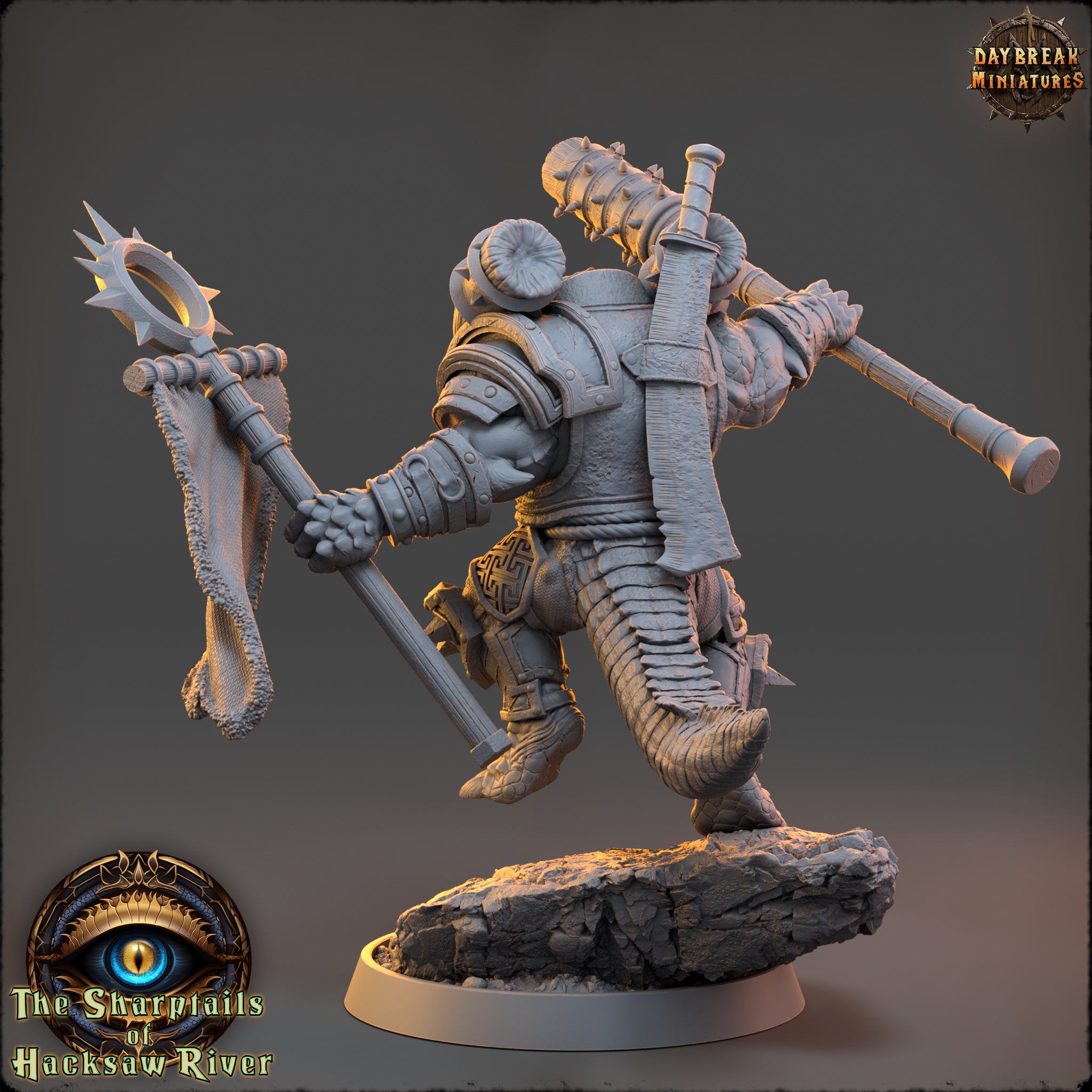 A 3D model of a warrior figure, holding a spear and shield, standing on a rock formation.