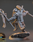 A 3D model of a warrior figure, holding a spear and shield, standing on a rock formation.
