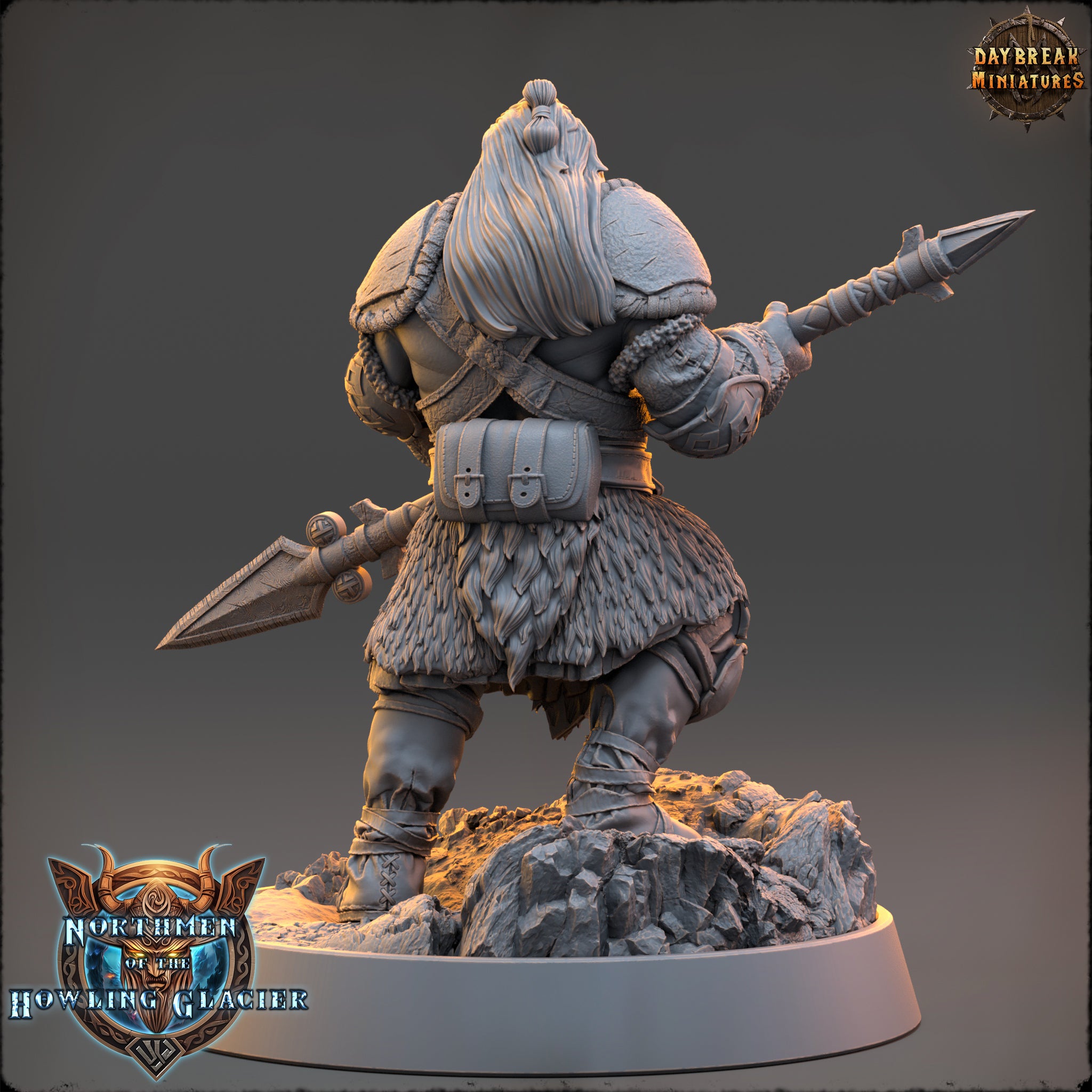 A detailed 3D model of a warrior figure, likely from a fantasy or adventure game, standing on a rocky base and holding a spear.