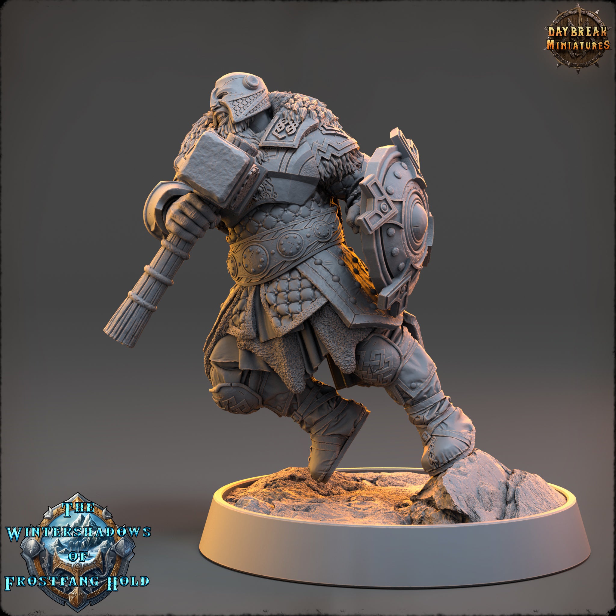 A detailed 3D model of a warrior figure, wearing armor and wielding a sword, standing on a platform.