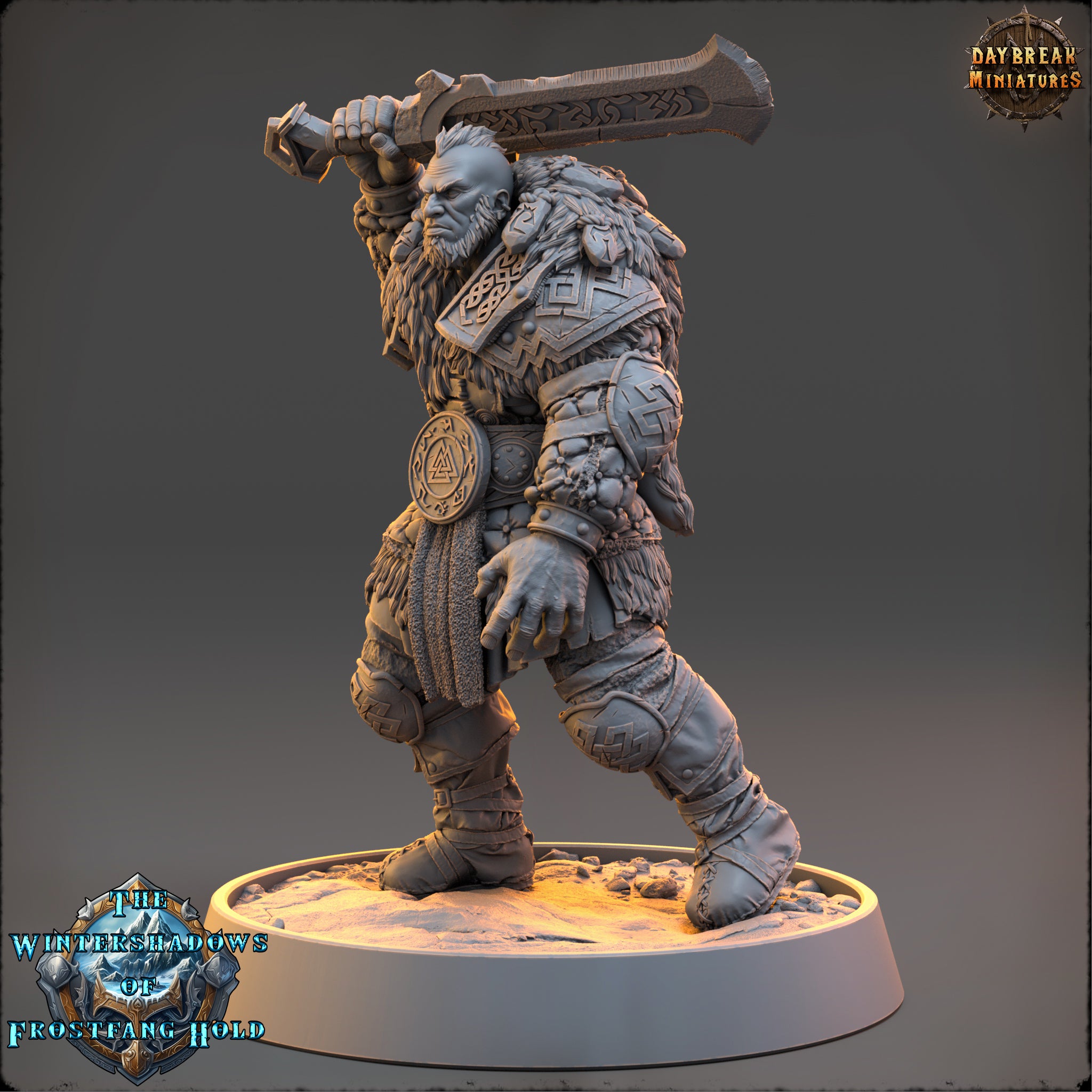 A detailed 3D model of a warrior figure, holding a sword and standing on a platform.