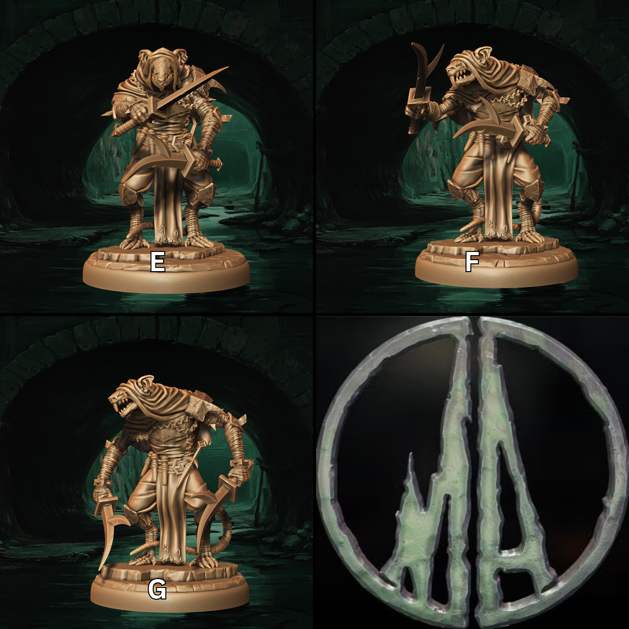 four pictures of a statue of a man holding a sword