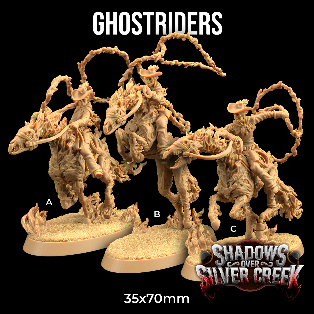 three detailed figurines of ghost riders, each with unique poses and designs, set against a dark background.