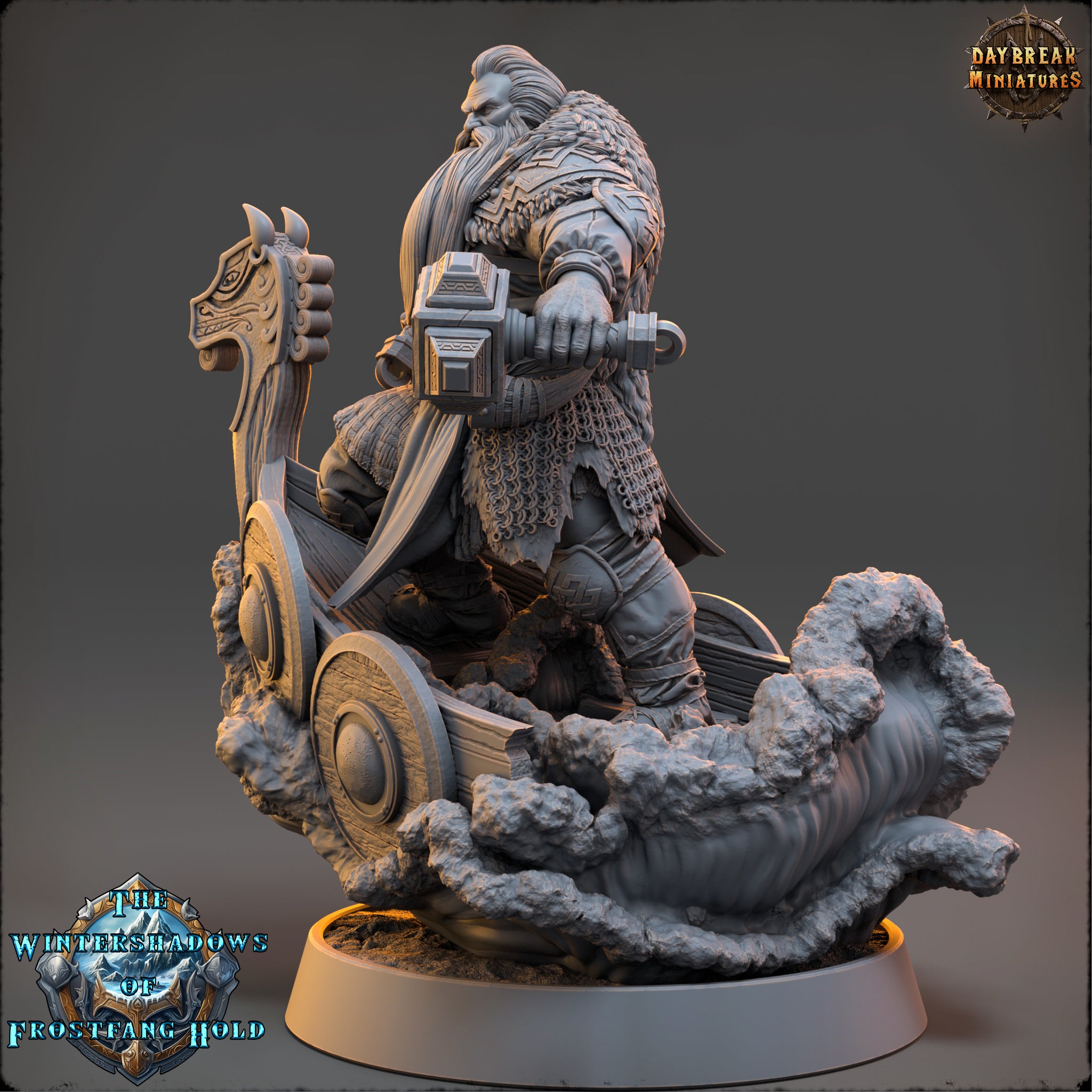A detailed 3D model of a bearded dwarf warrior standing on a boat, holding a shield and sword. The warrior is wearing a long beard and is holding a shield in one hand and a sword in the other. The background features a stormy sea, adding to the dramatic effect of the scene.