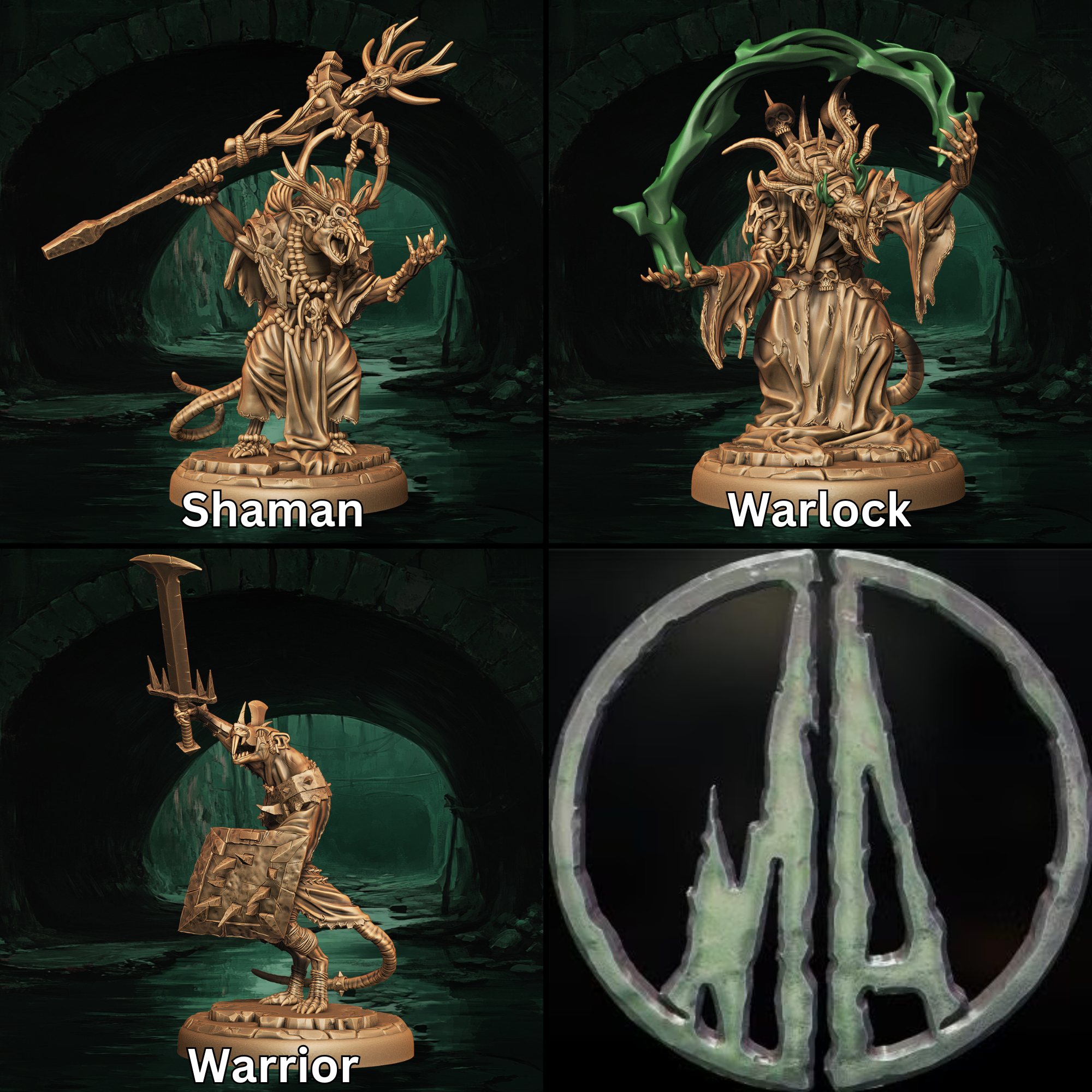 a set of four pictures of a statue of a wizard