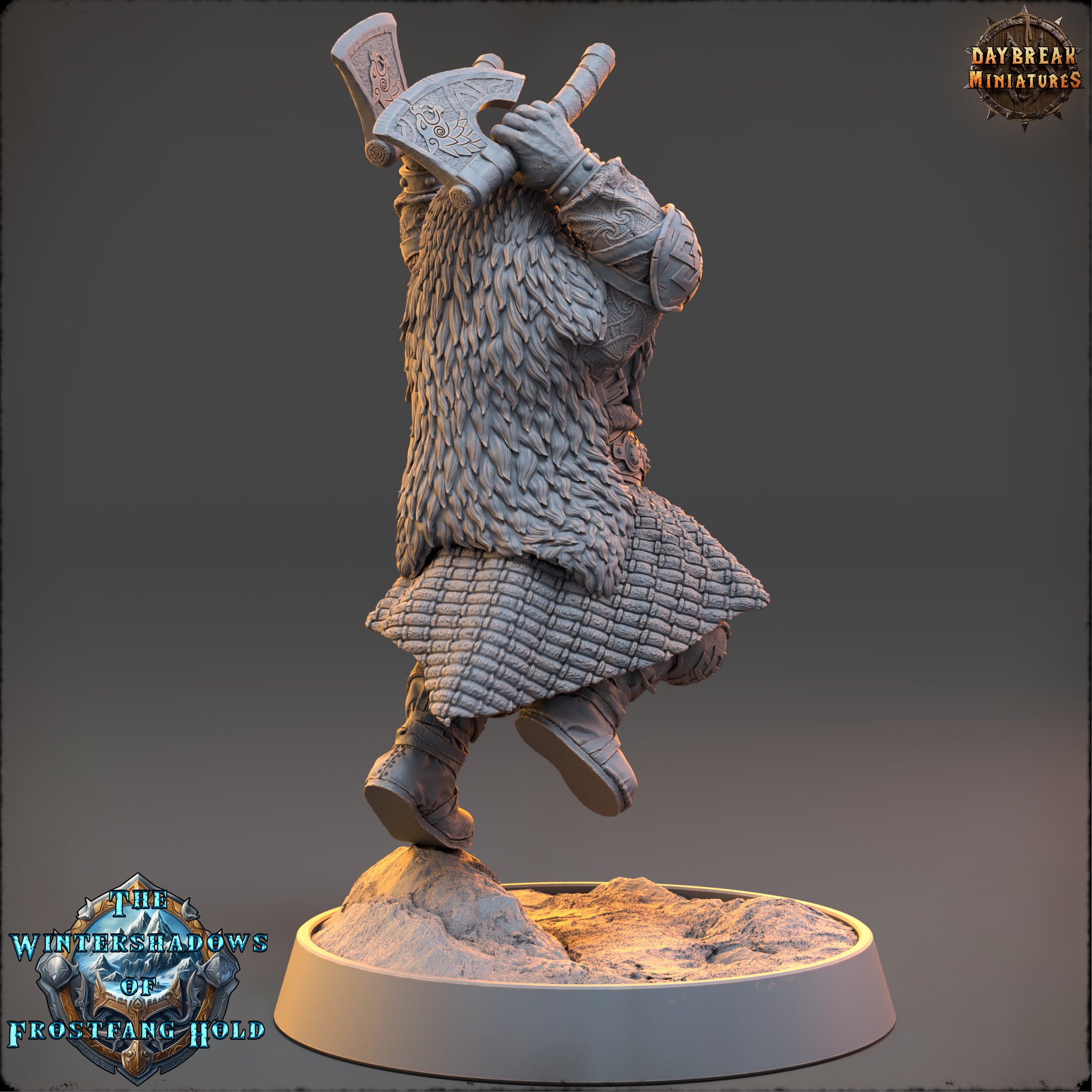 A 3D model of a bearded dwarf warrior figure holding a shield and sword, standing on a platform.