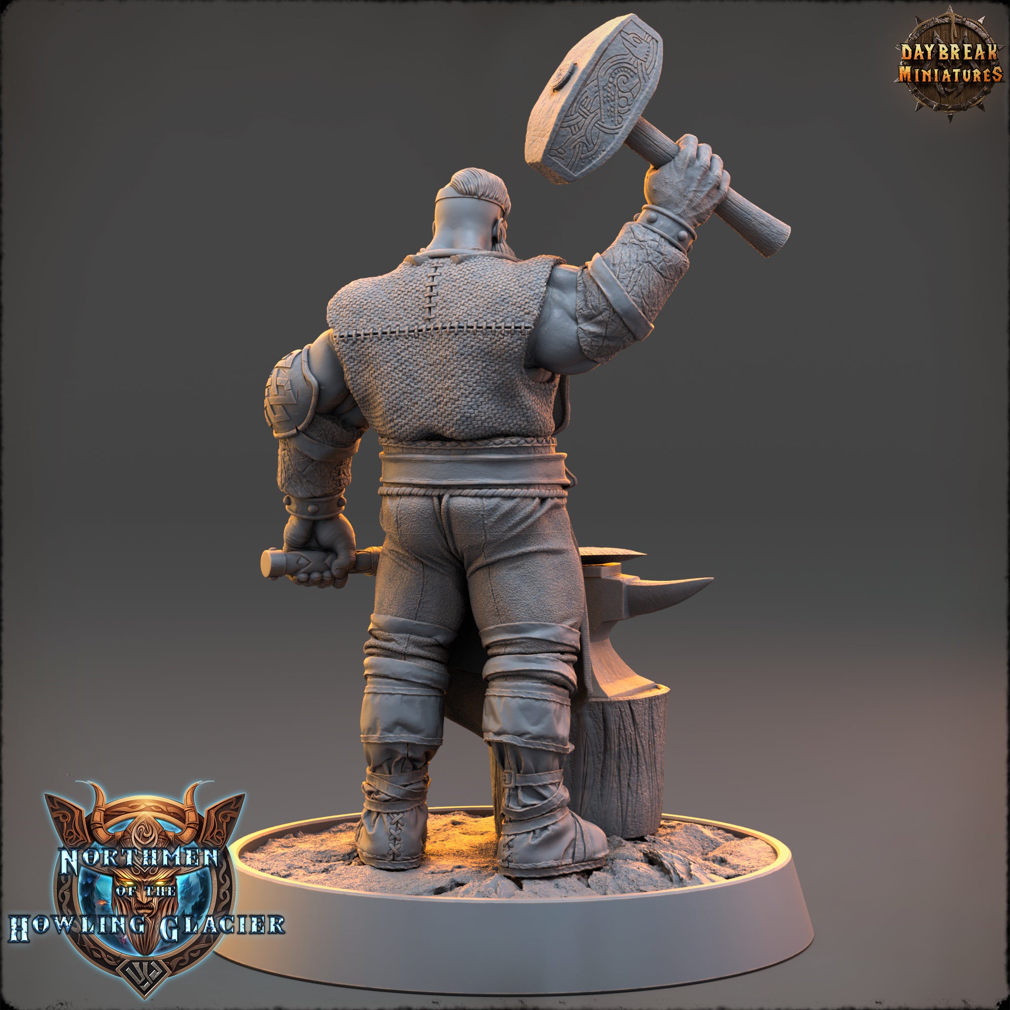 A 3D model of a warrior figure holding a hammer, standing on a base with a shield and other symbols.