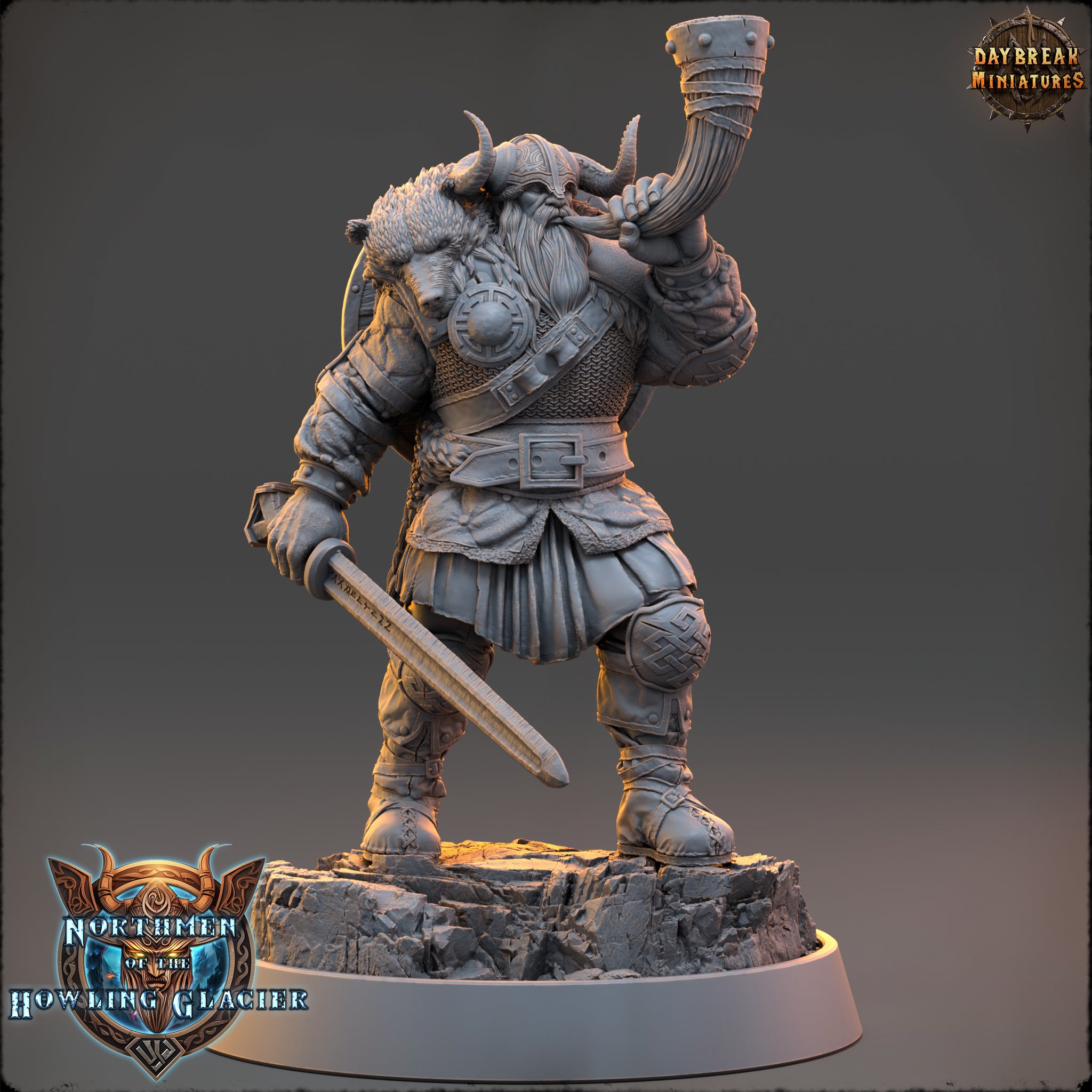 A detailed 3D model of a Viking warrior figure, holding a sword and a horn, standing on a rocky base.
