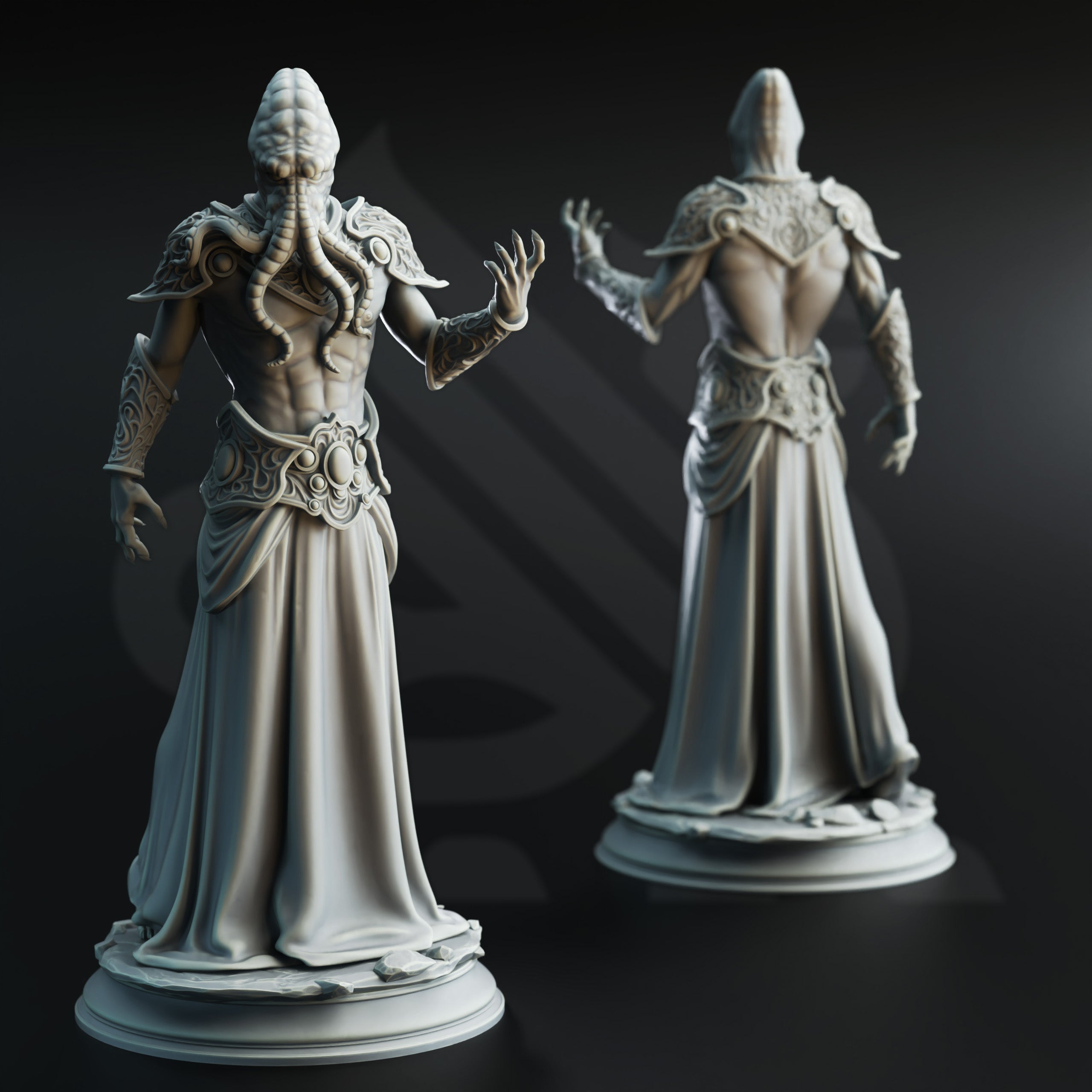 two detailed sculptures of a fantastical creature, possibly a mythical or magical being, with intricate designs and features.