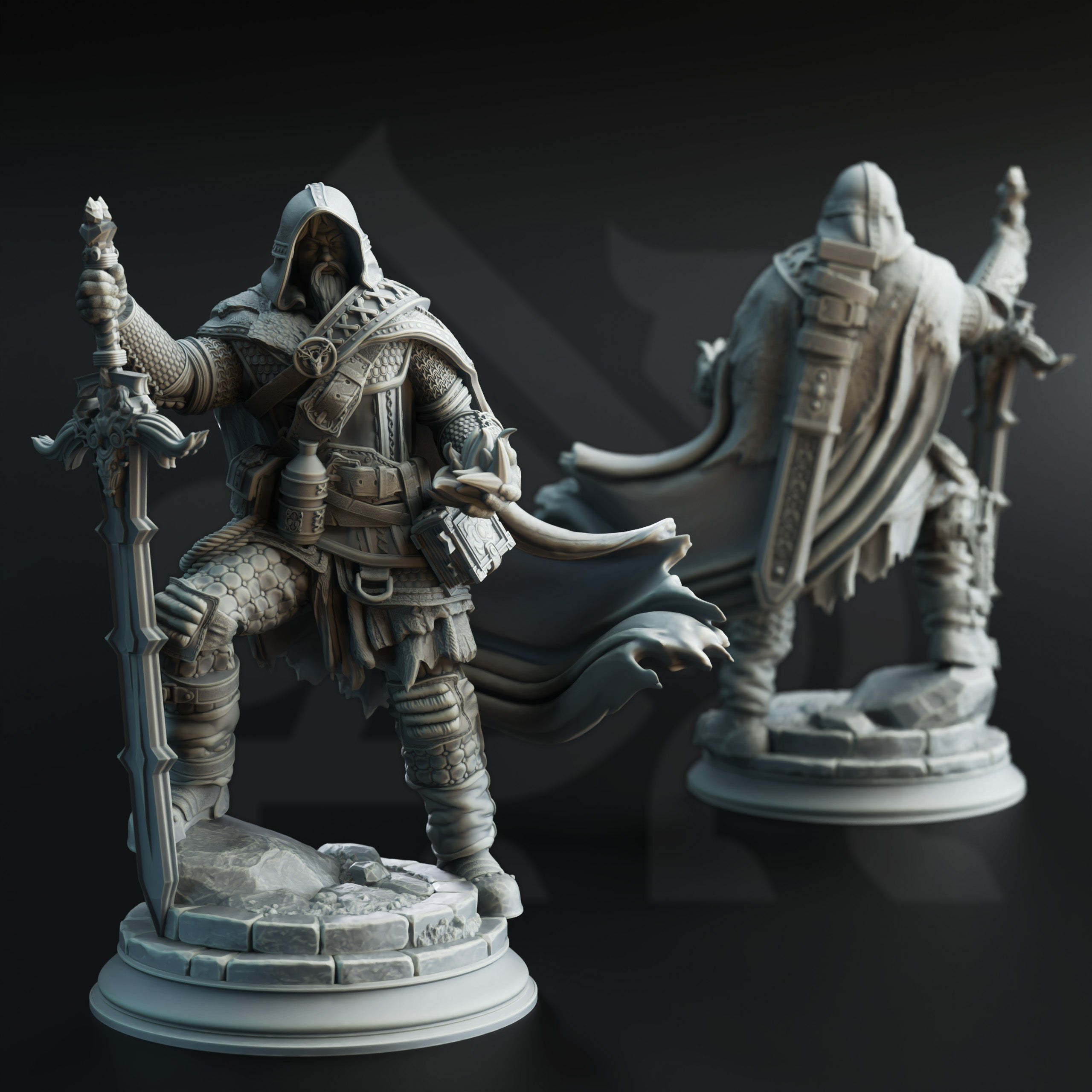 two detailed 3D models of medieval-style knights, each holding a sword and standing on a pedestal.