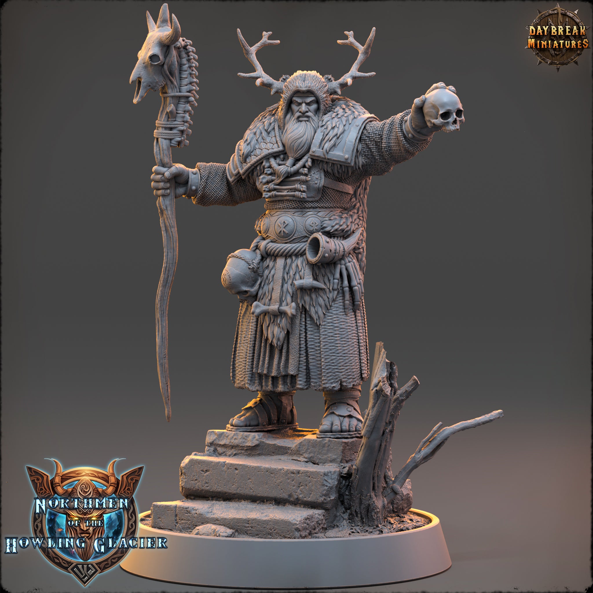 A detailed 3D model of a fantasy character, likely a deity or magical being, standing on a pedestal and holding a staff with a skull and crossbones symbol on it. The character is wearing a long robe and has antlers on their head.