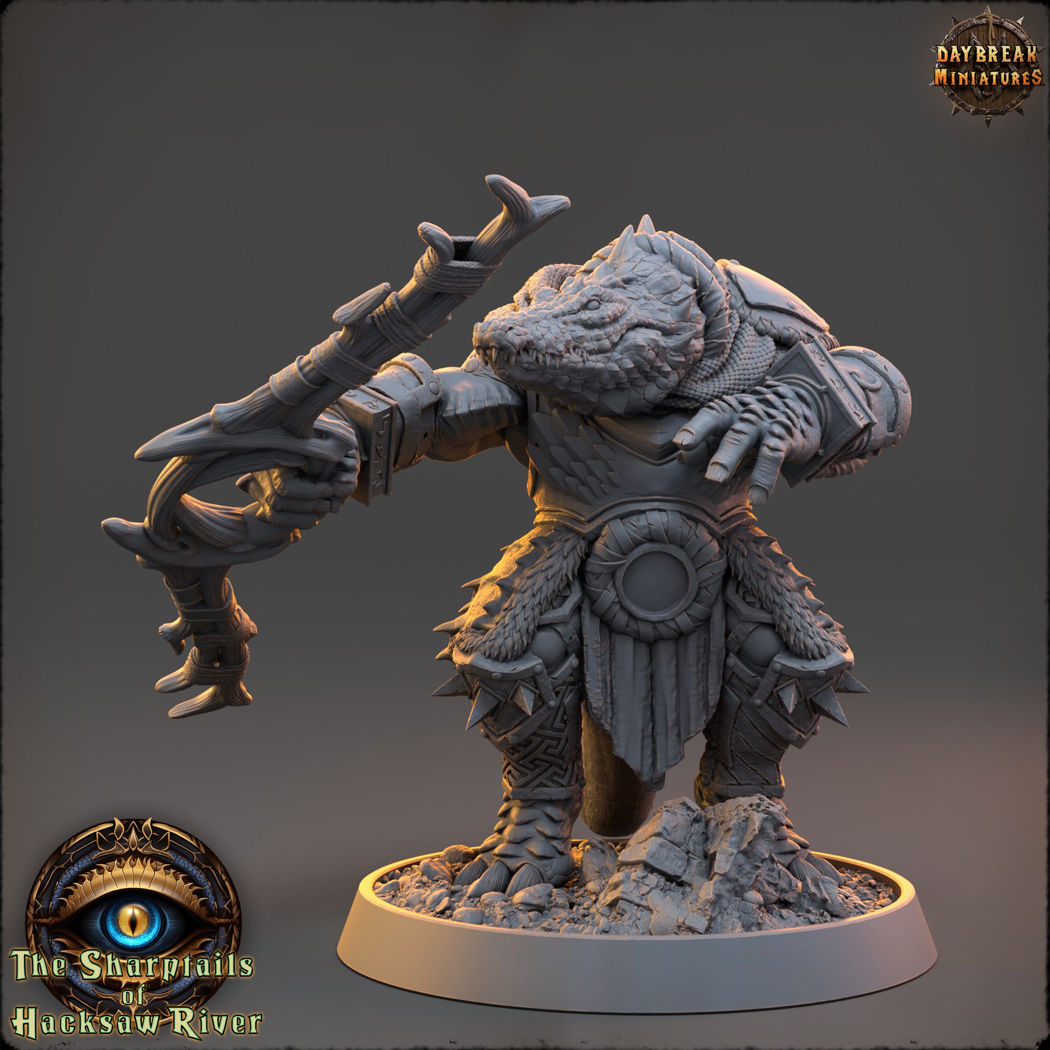 A detailed 3D model of a fantastical creature, likely a mythical or magical being, with intricate armor and weapons. The creature is standing on a base and appears to be ready for action.