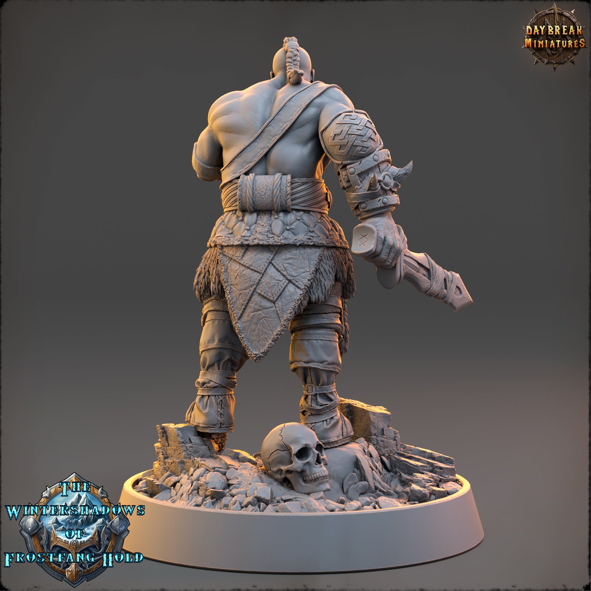 A detailed 3D model of a warrior figure, wearing a helmet and armor, standing on a base with a skull and debris.