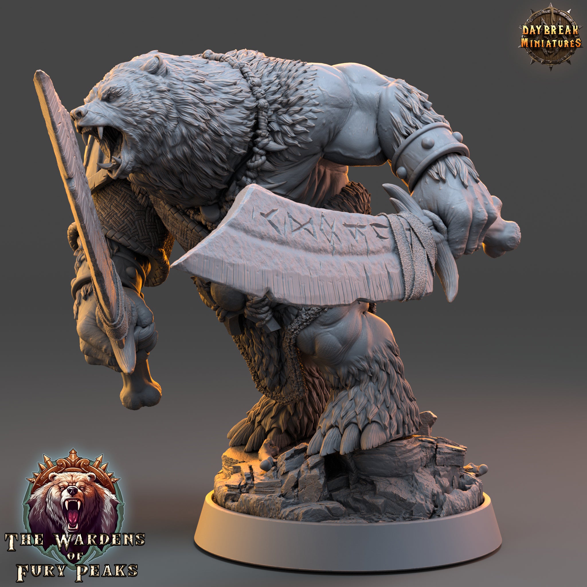 A detailed 3D model of a fierce-looking bear wielding a large sword, set against a dark background.