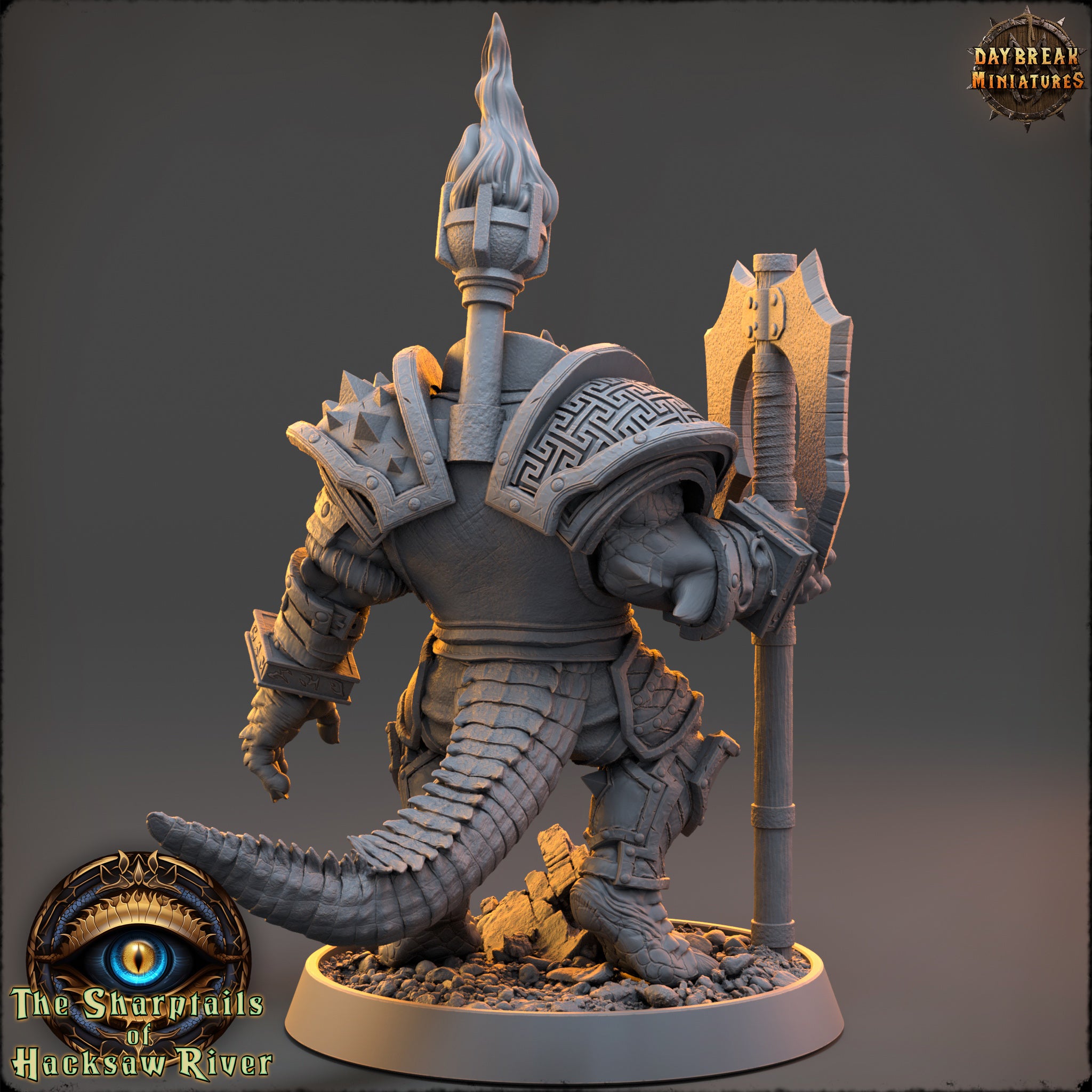 A detailed 3D model of a fantasy character, likely from a video game, with intricate armor and a large weapon. The character is standing on a base and appears to be ready for battle.