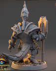 A detailed 3D model of a fantasy character, likely from a video game, with intricate armor and a large weapon. The character is standing on a base and appears to be ready for battle.