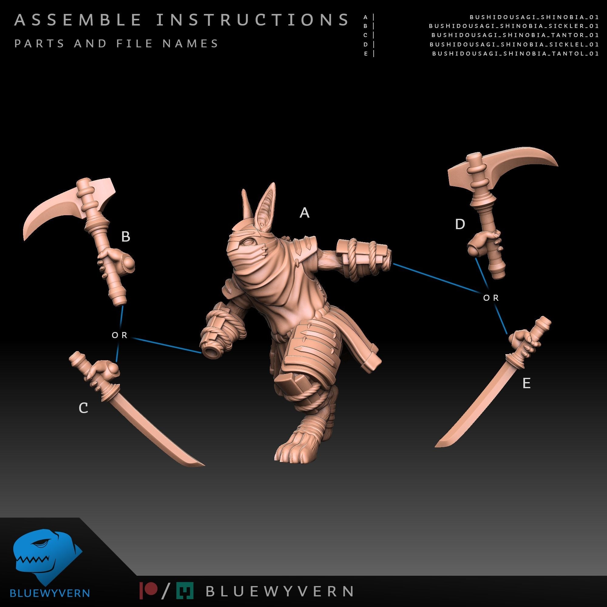 Rabbit Shinobi - Bushido Usagi - 3d Printed Miniature by Blue Wyvern