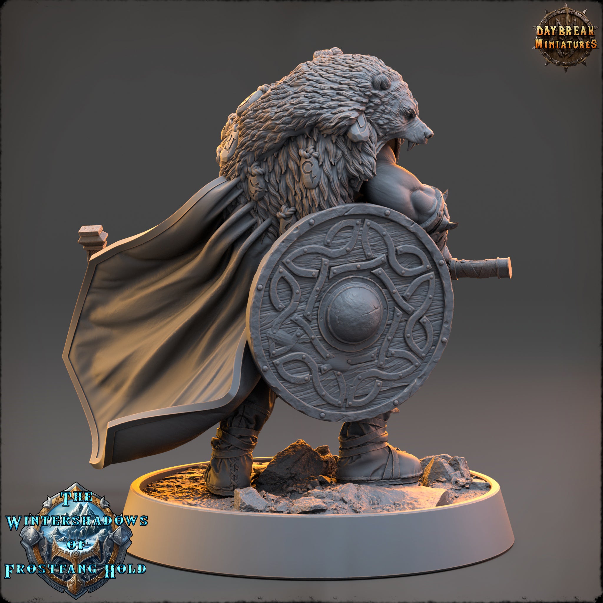 A detailed 3D model of a warrior figure, likely a Viking or Nordic warrior, standing on a platform and holding a shield with an intricate design. The figure is wearing a fur-trimmed cape and appears to be wielding a sword.