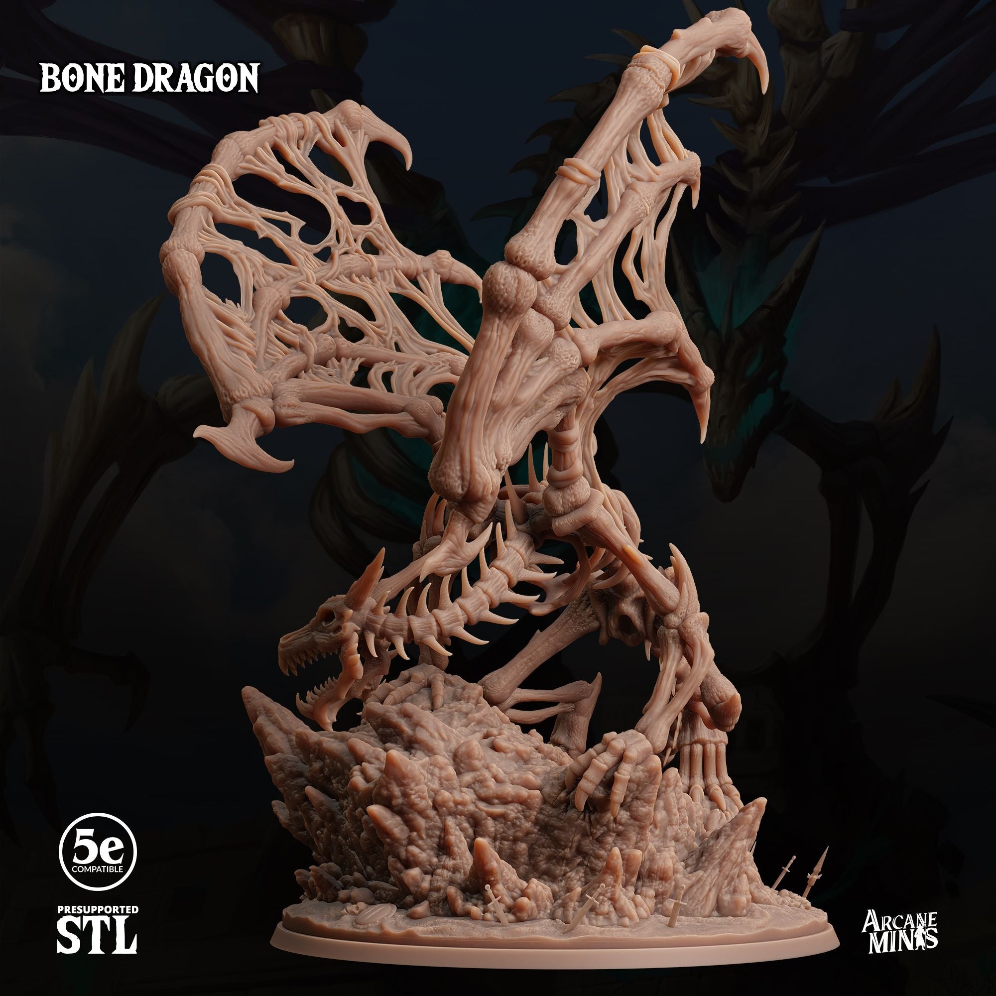 Bone Dragon - Tomb of Extinction - 3d Printed Miniature by Arcane Minis