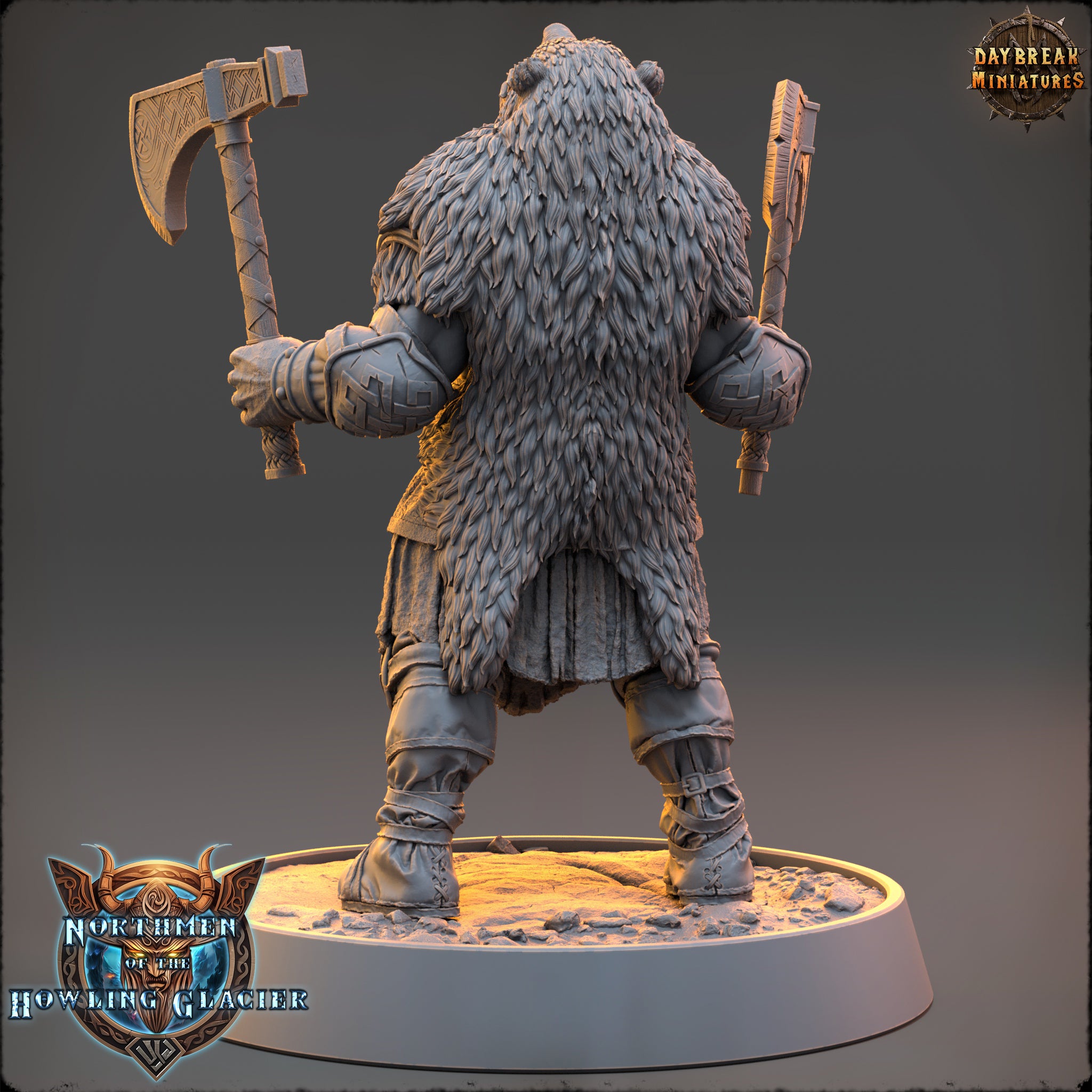 A 3D model of a furry, armored warrior figure holding two axes, standing on a platform with a Daybreak-themed background.