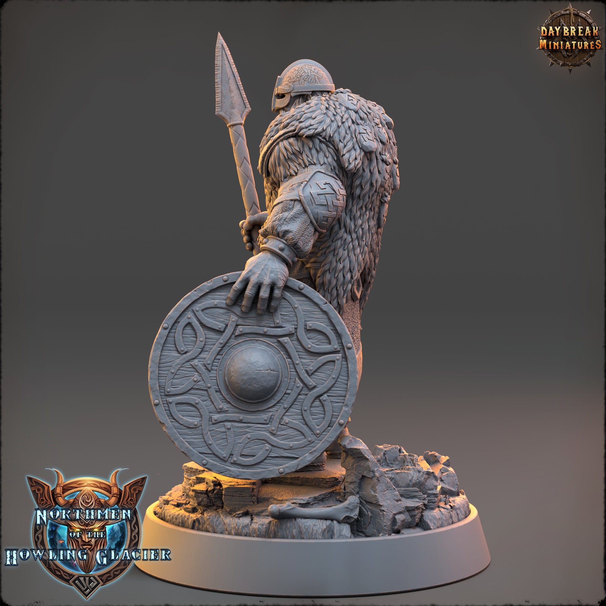 A detailed 3D model of a warrior figure holding a shield and spear, standing on a rocky base.