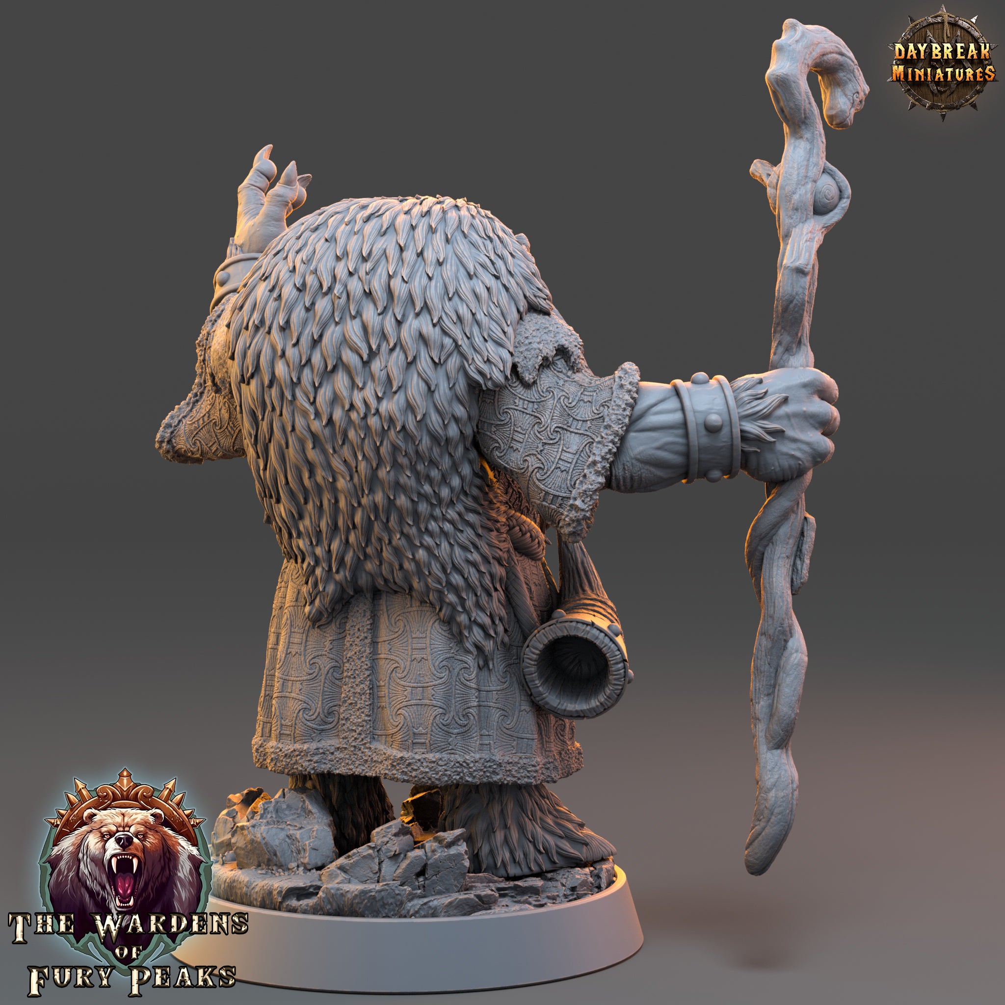 A detailed 3D model of a fantasy character, likely a wizard or magical being, with a long staff and a large, furry costume. The character appears to be from the video game "The Warders of Fear" and is depicted in a dynamic pose.