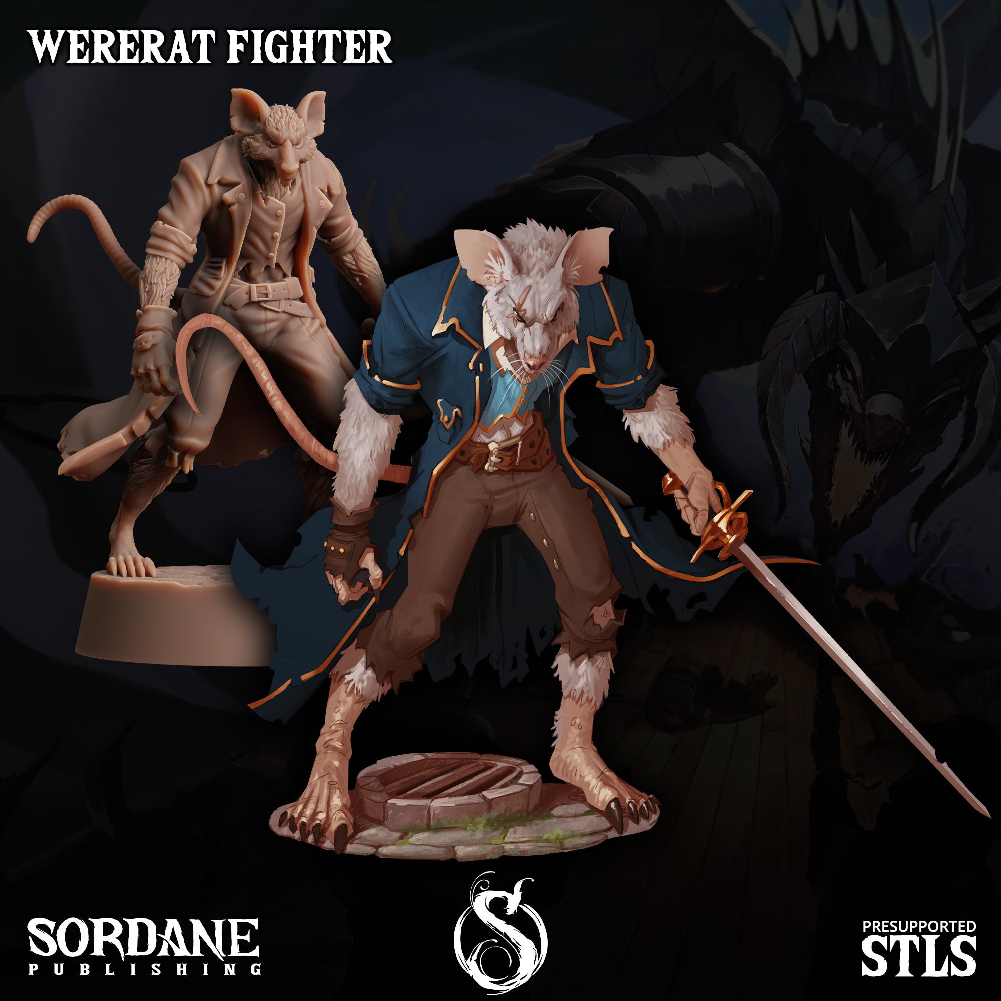 a statue of a man with a sword and a mouse