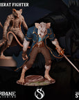 a statue of a man with a sword and a mouse