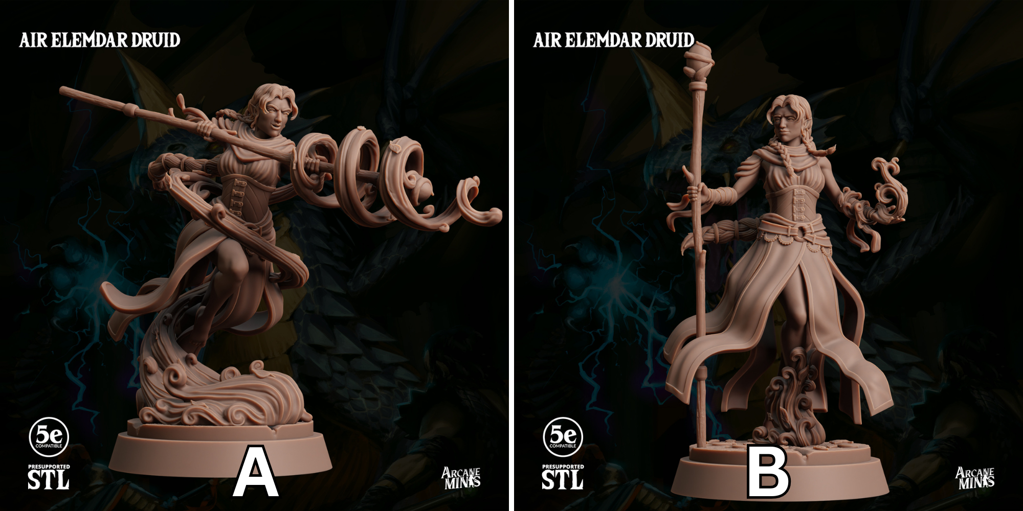 two figurines of characters from the video game "Air ELEMULAR DRUID". The figurines are labeled with the letters "A" and "B" to indicate their respective positions in the collection.