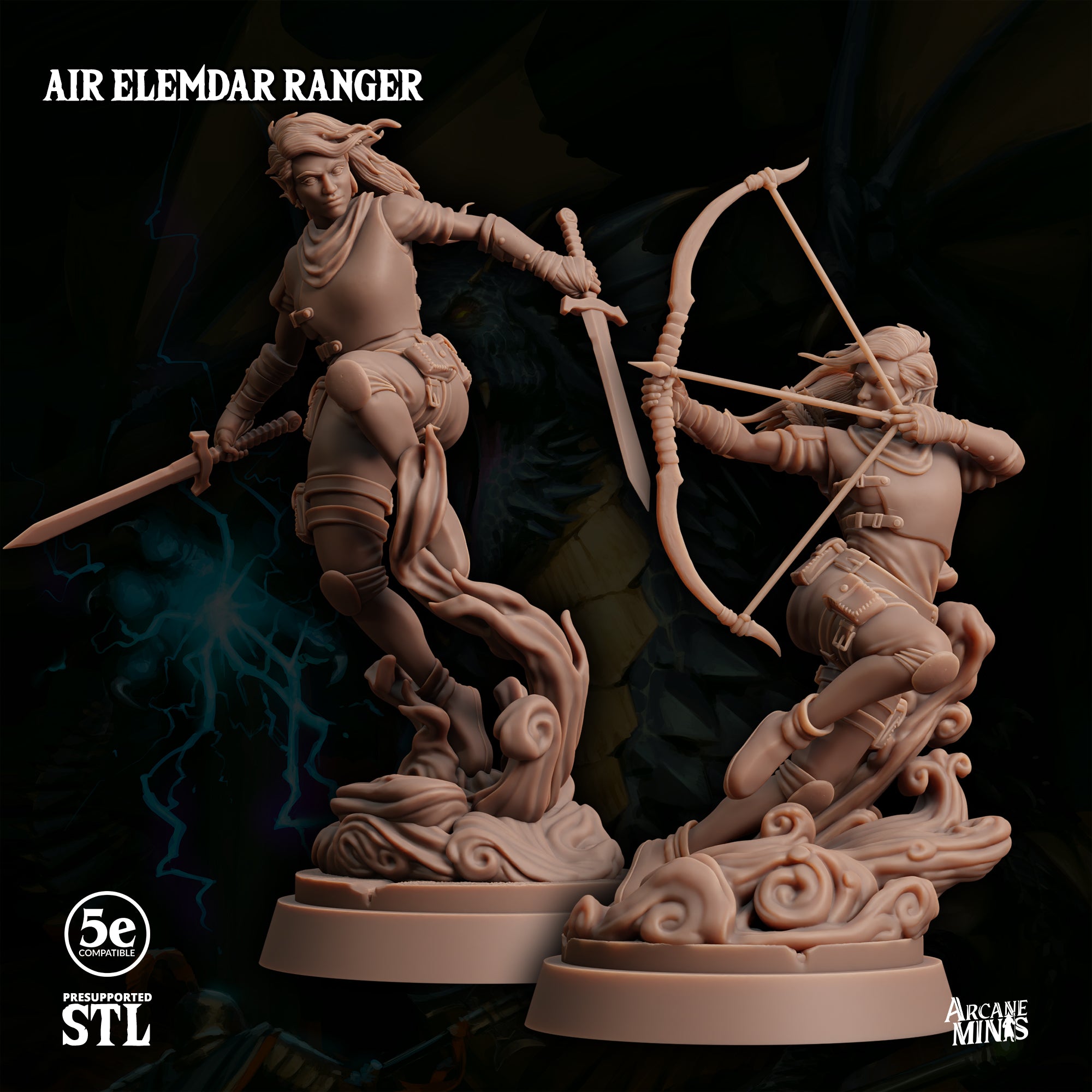 two detailed figurines of female characters, one standing and one kneeling, each holding a bow and arrow. The figurines are set against a dark background with lightning bolts visible in the background.