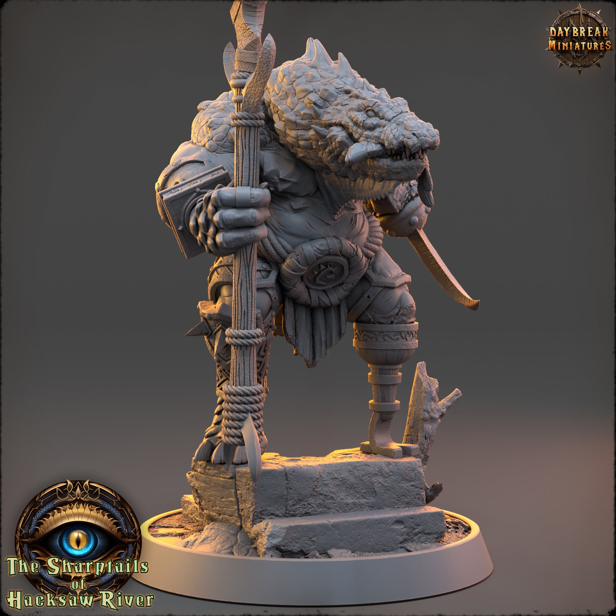 A detailed 3D model of a fantastical creature, possibly a dragon or serpent, standing on a pedestal and holding a staff. The creature is depicted in a dynamic pose, with its head and body prominently featured. The image is described as a "daybreak miniatures" and is part of the "The Shrpytails of Hacksaw River" series.