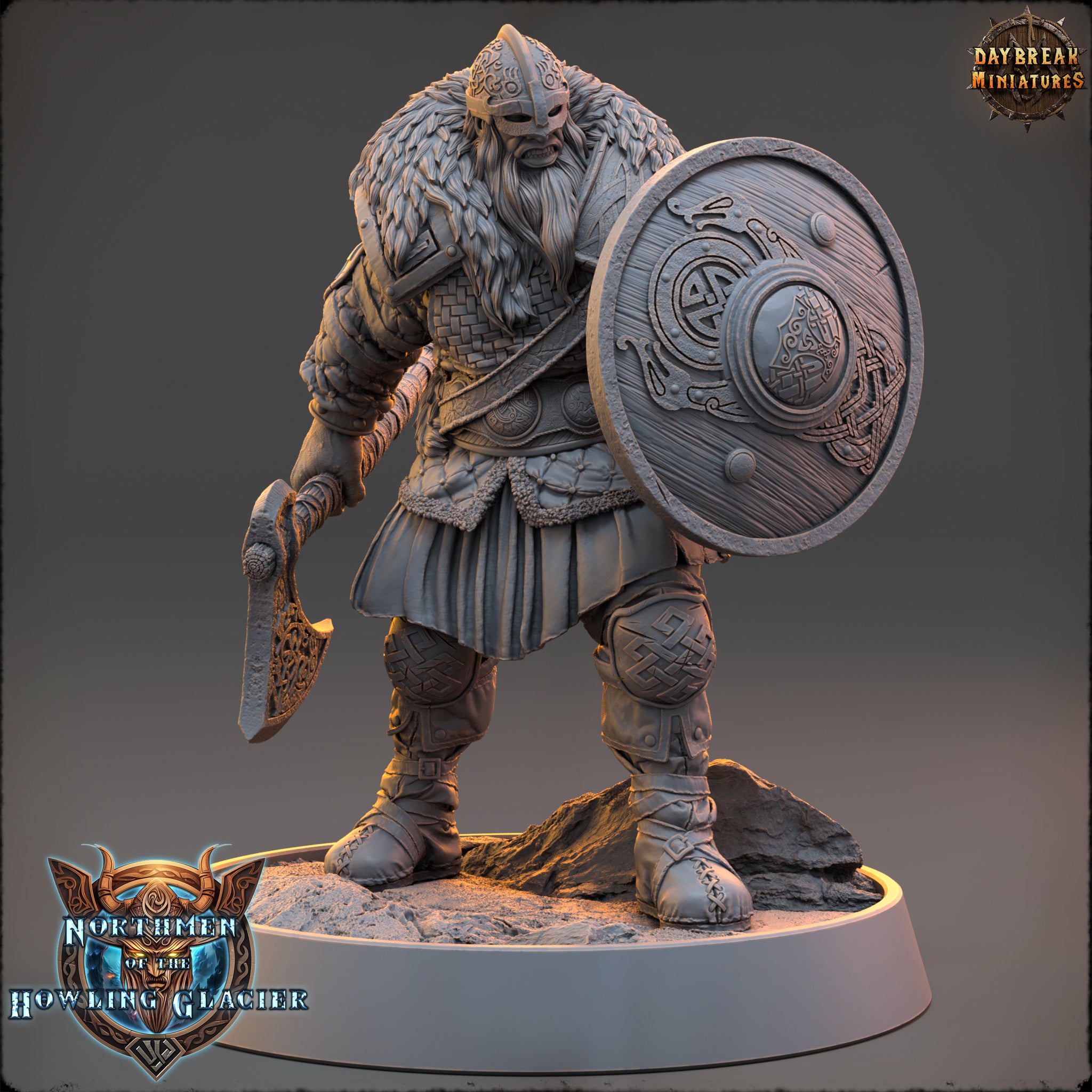 A detailed 3D model of a warrior figure, wearing a helmet and armor, holding a shield and sword. The figure is standing on a rocky base and appears to be ready for battle.