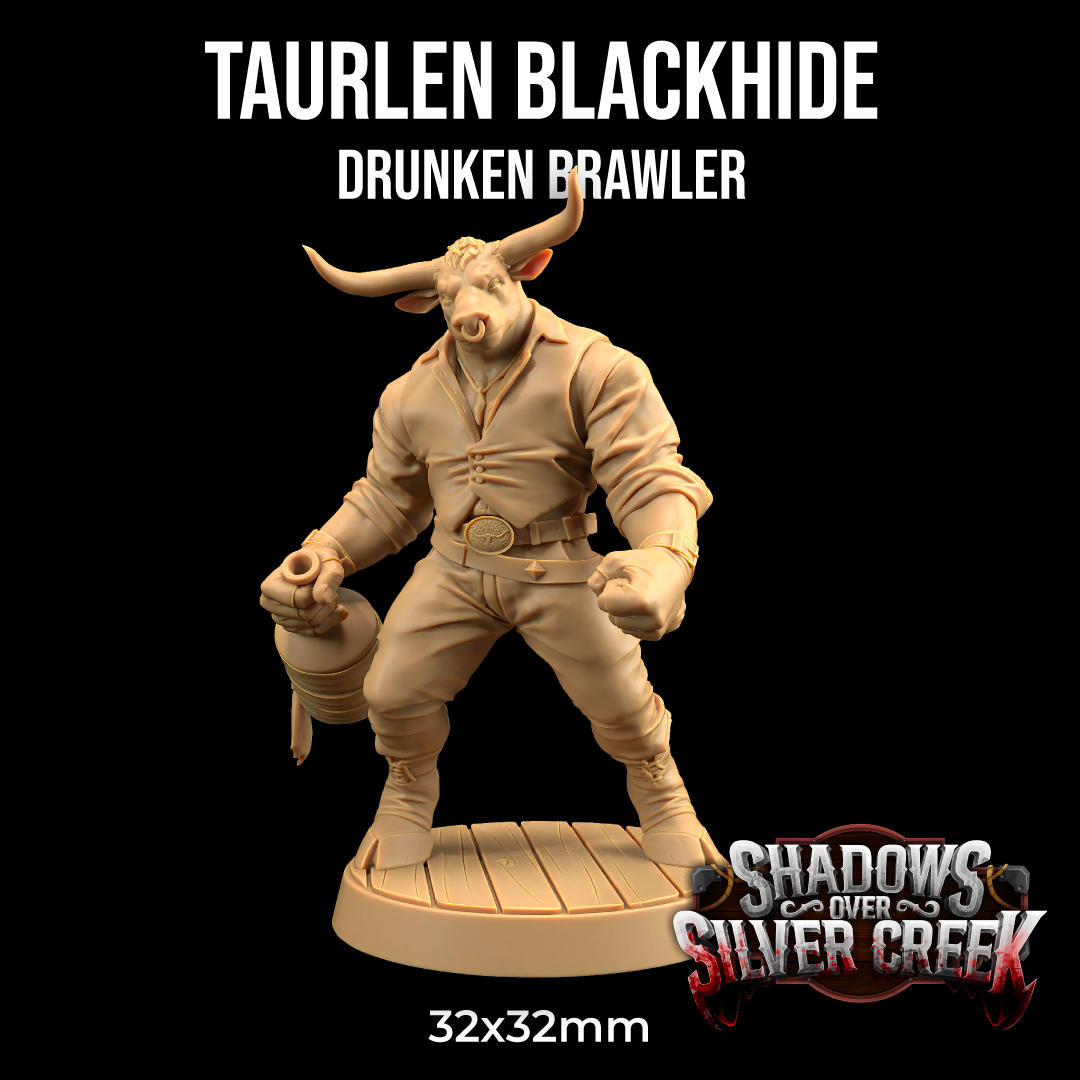 a figurine of a bull-like creature with horns, dressed in a suit and holding a gun. The figurine is standing on a platform, and the background is black.