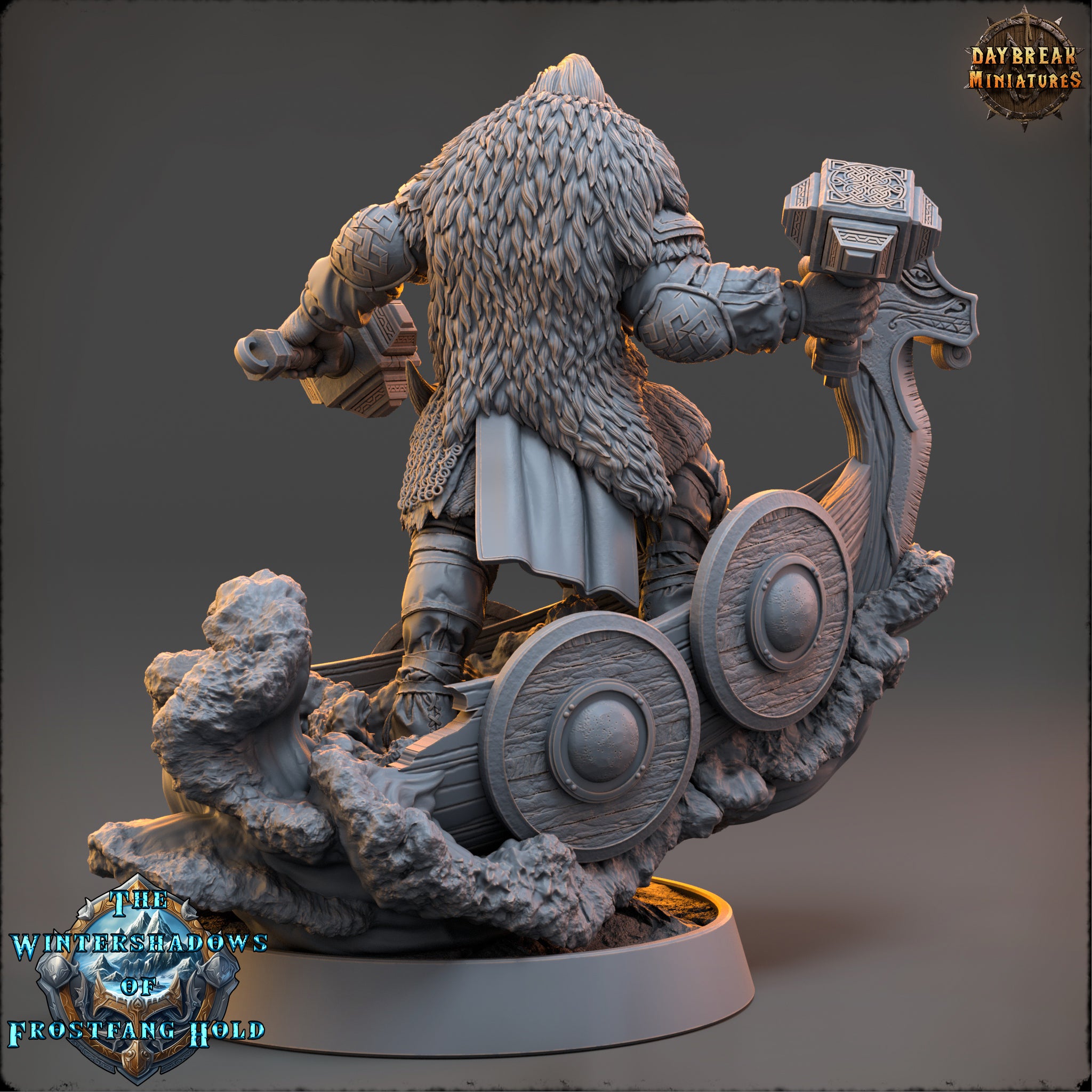 A detailed 3D model of a fantasy character, likely from a video game, with intricate armor and a large hammer. The character appears to be a warrior or knight, standing on a platform and holding a shield. The image is described as a collage of multiple images, and it is not a single image but a collection of various images.