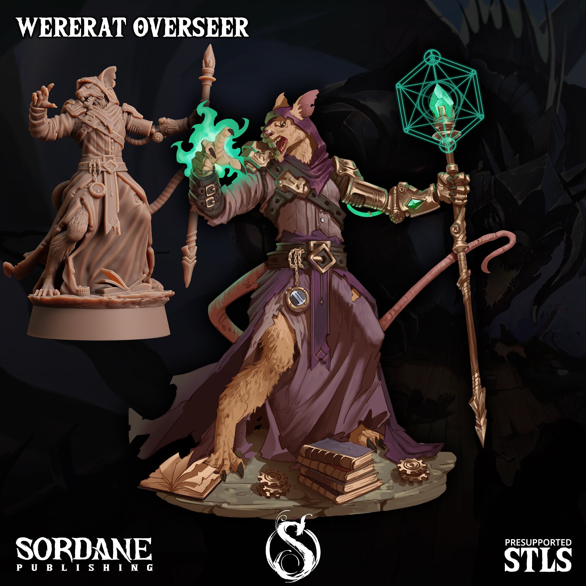 a statue of a wizard holding a green light