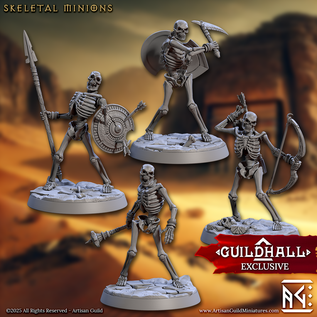a group of skeleton figurines holding spears and shield