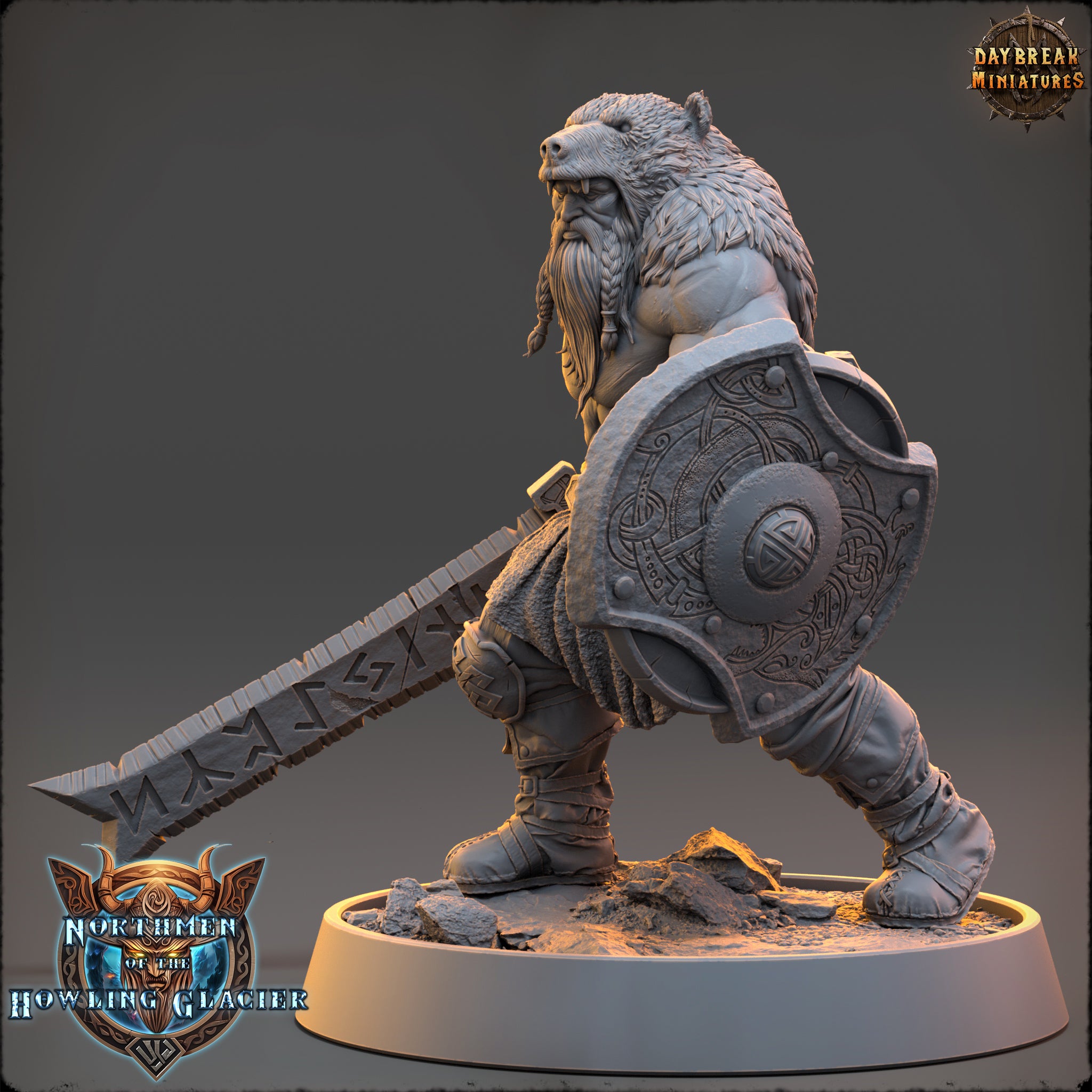 A detailed 3D model of a fantasy character, likely a dwarf or gnome, holding a large sword and shield. The character is standing on a base and appears to be ready for battle or combat.