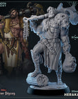 a statue of a man standing next to a statue of a demon