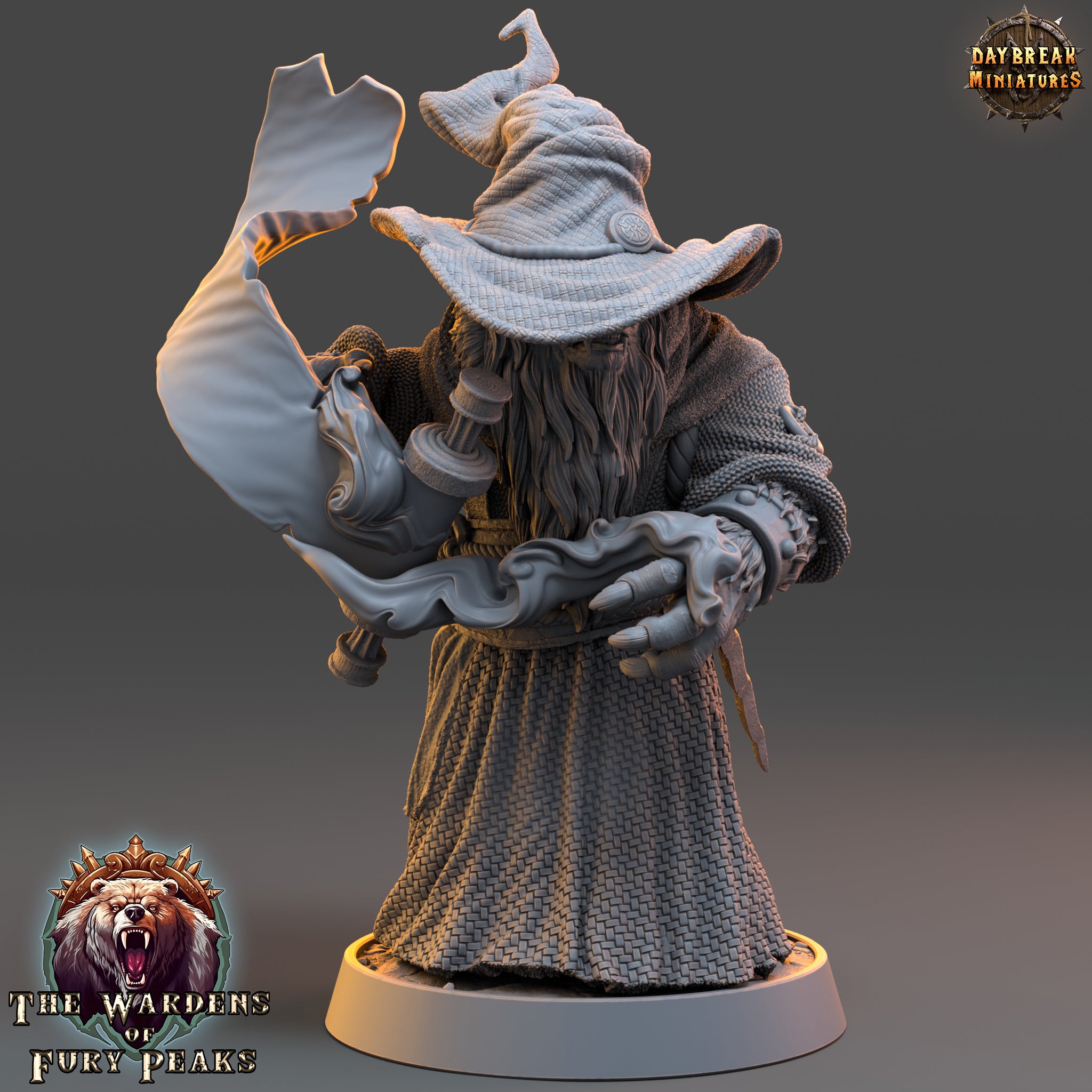 A 3D rendering of a wizard-like character from the video game "The Warriors of Fear". The character is wearing a long robe and hat, and is holding a staff. The character is standing on a base, and there is a logo for the game visible in the bottom left corner.