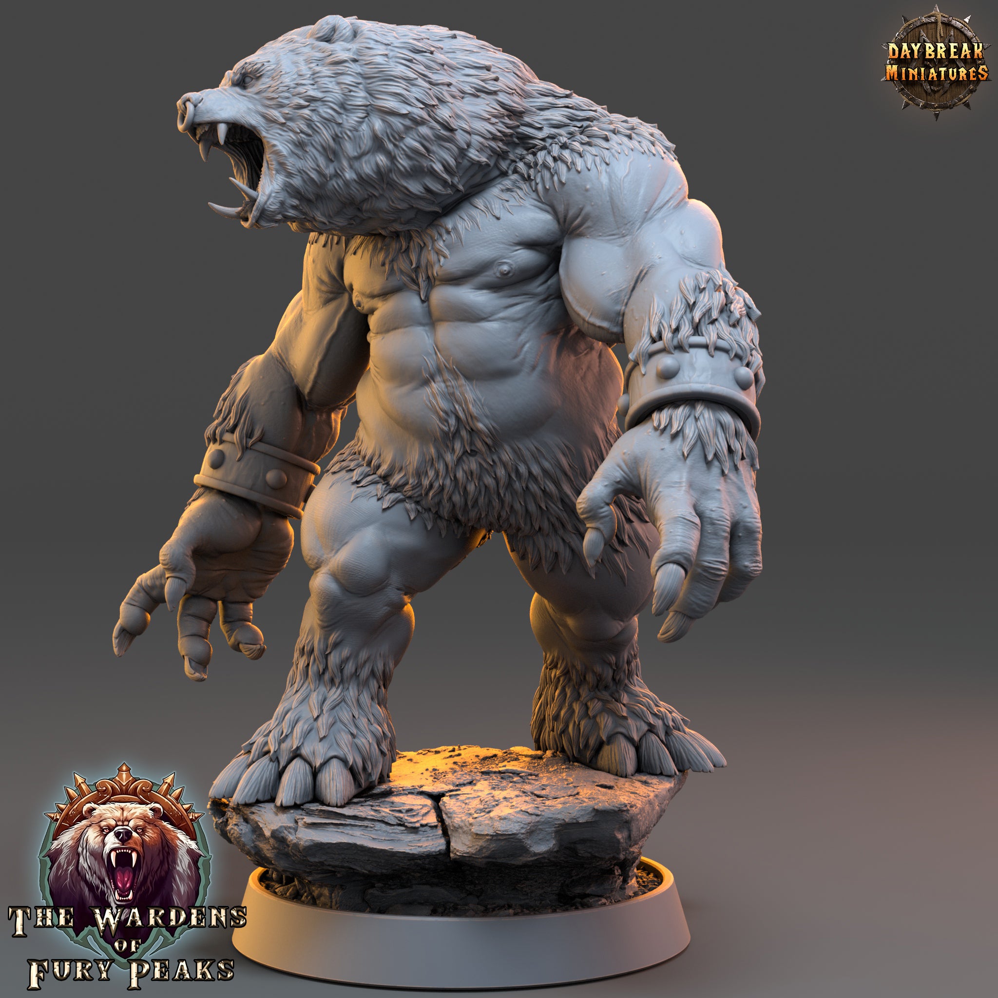 A 3D rendering of a fierce-looking bear statue with a muscular build and sharp teeth, standing on a rock formation.
