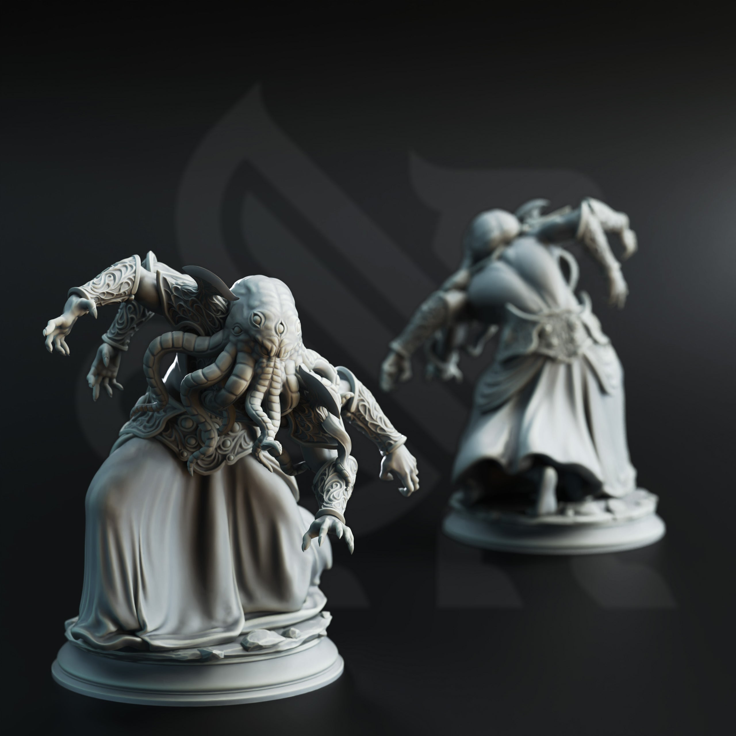 two figurines of a fantastical creature with tentacles, standing on pedestals against a dark background.