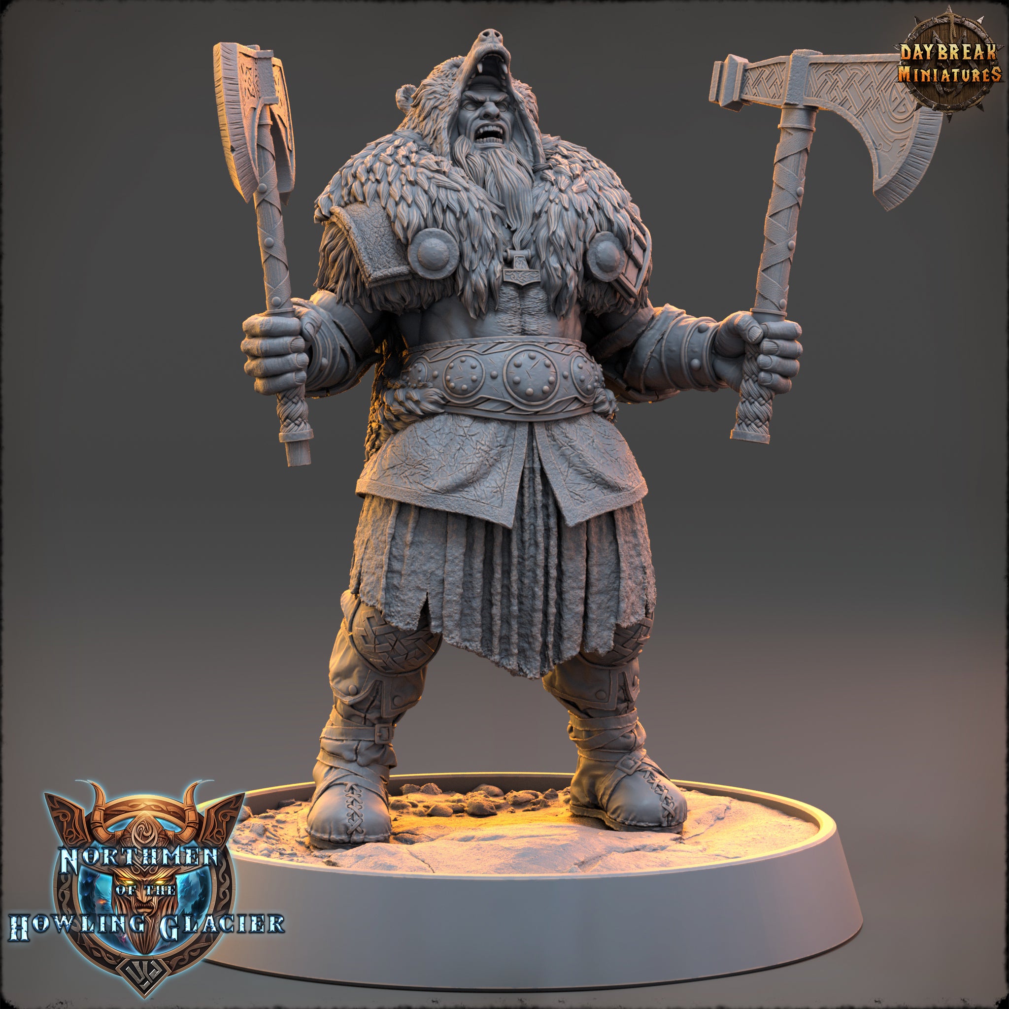 A detailed 3D model of a warrior figure, likely from a fantasy or science fiction game, standing on a platform and holding two large axes.