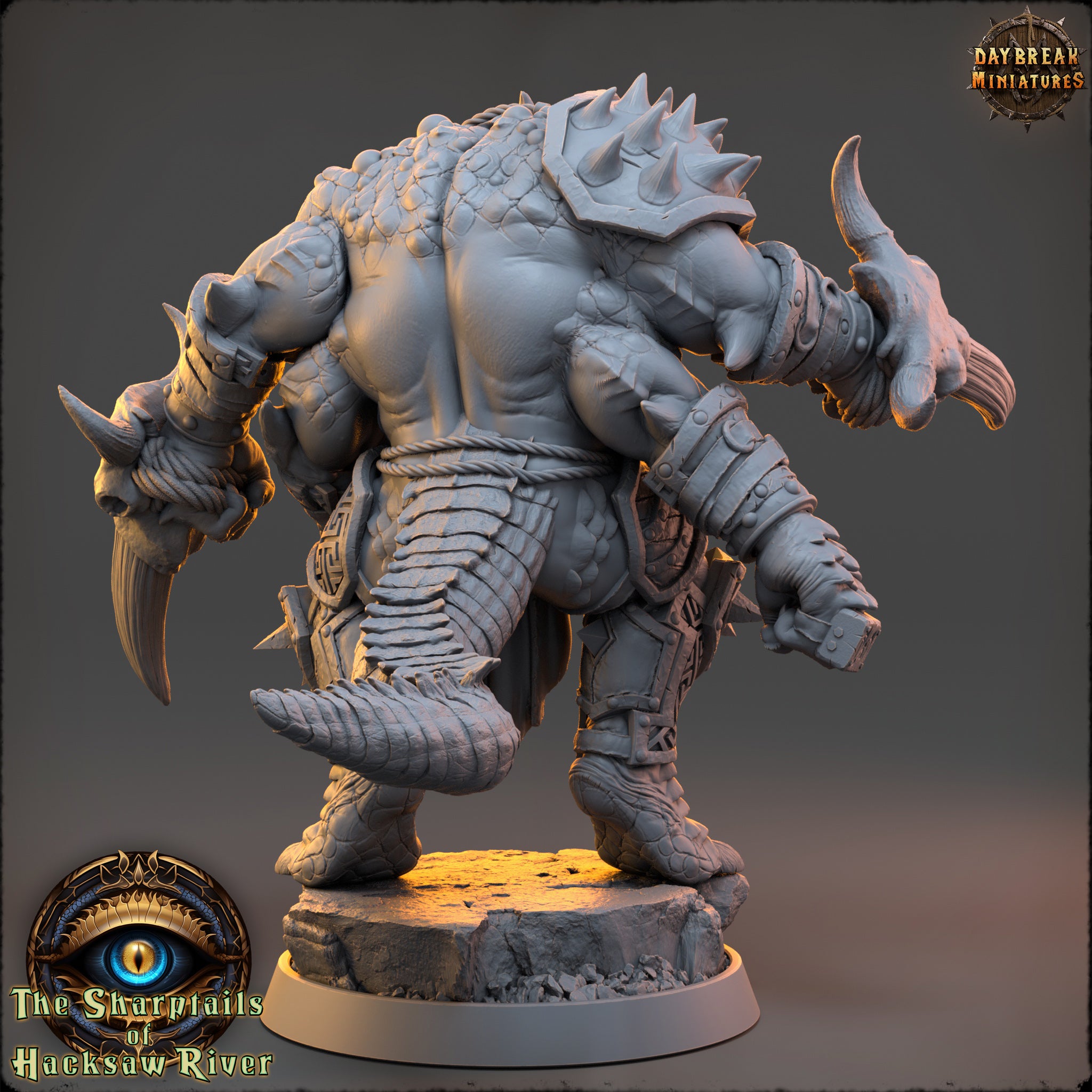 A detailed 3D model of a fierce-looking monster with spikes and claws, standing on a rock formation.