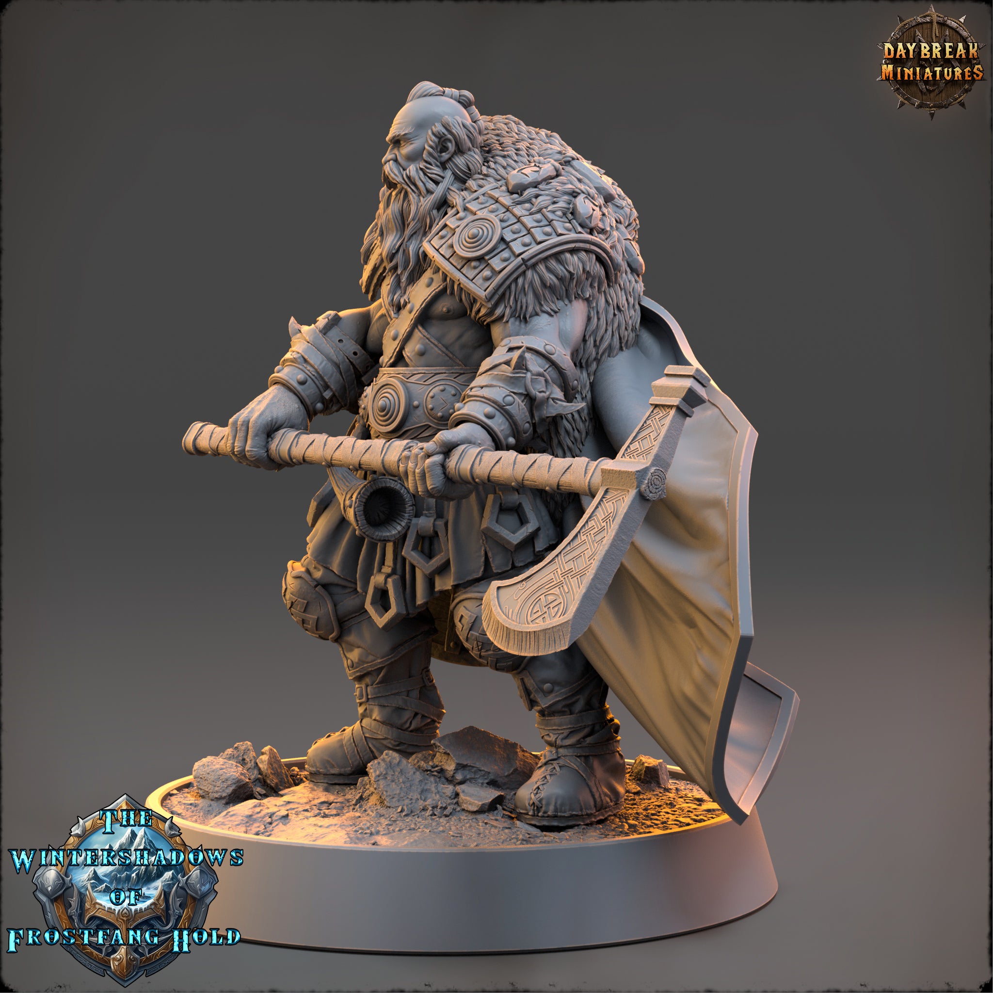 A detailed 3D model of a fantasy character, likely a dwarf or elf, holding a large weapon and standing on a rocky surface. The character has a long beard and is wearing a heavily decorated outfit with intricate patterns and designs.